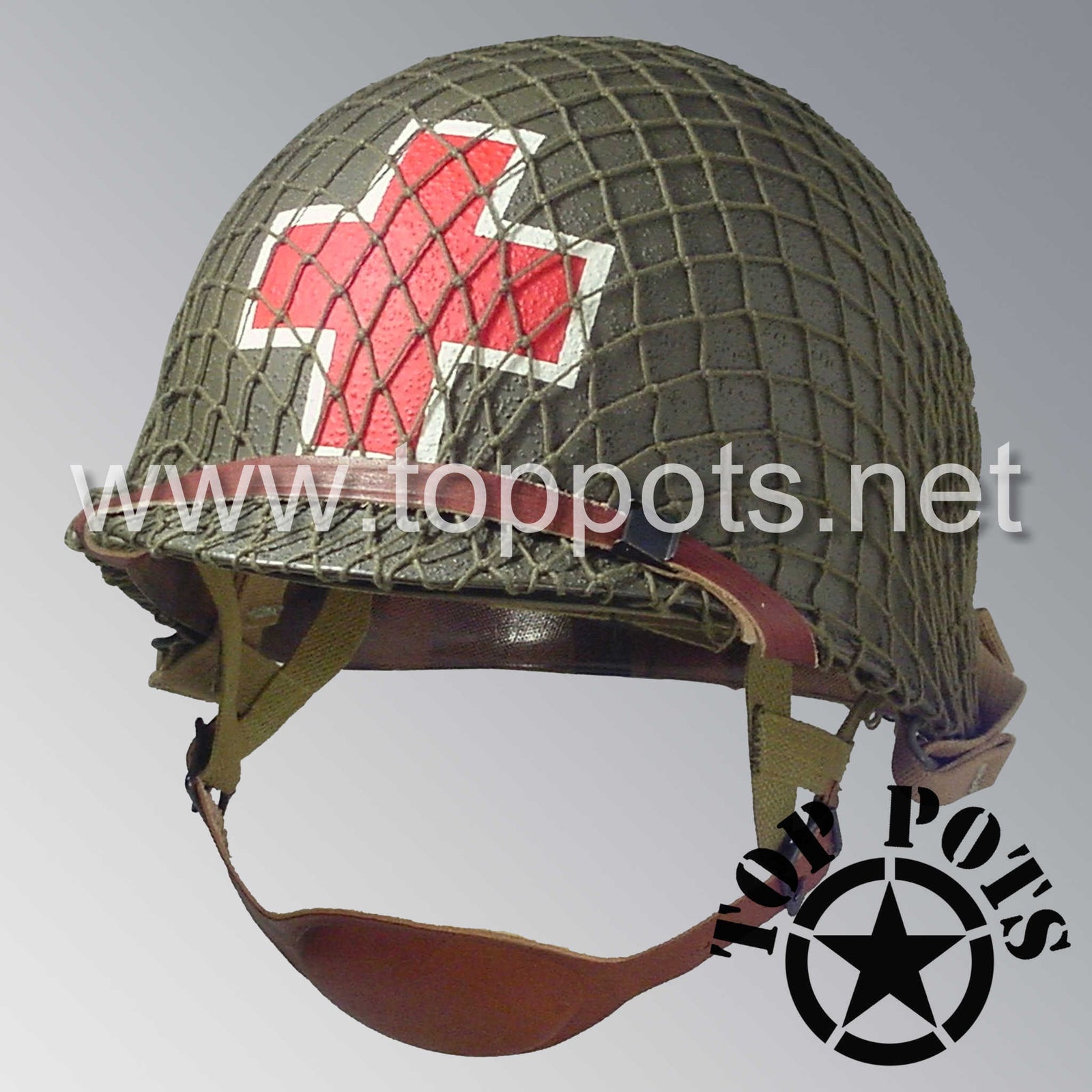 WWII US Army Restored Original M1C Paratrooper Airborne Helmet Swivel Bale Shell and Liner with Two Panel Medic Emblem and OD 7 Net
