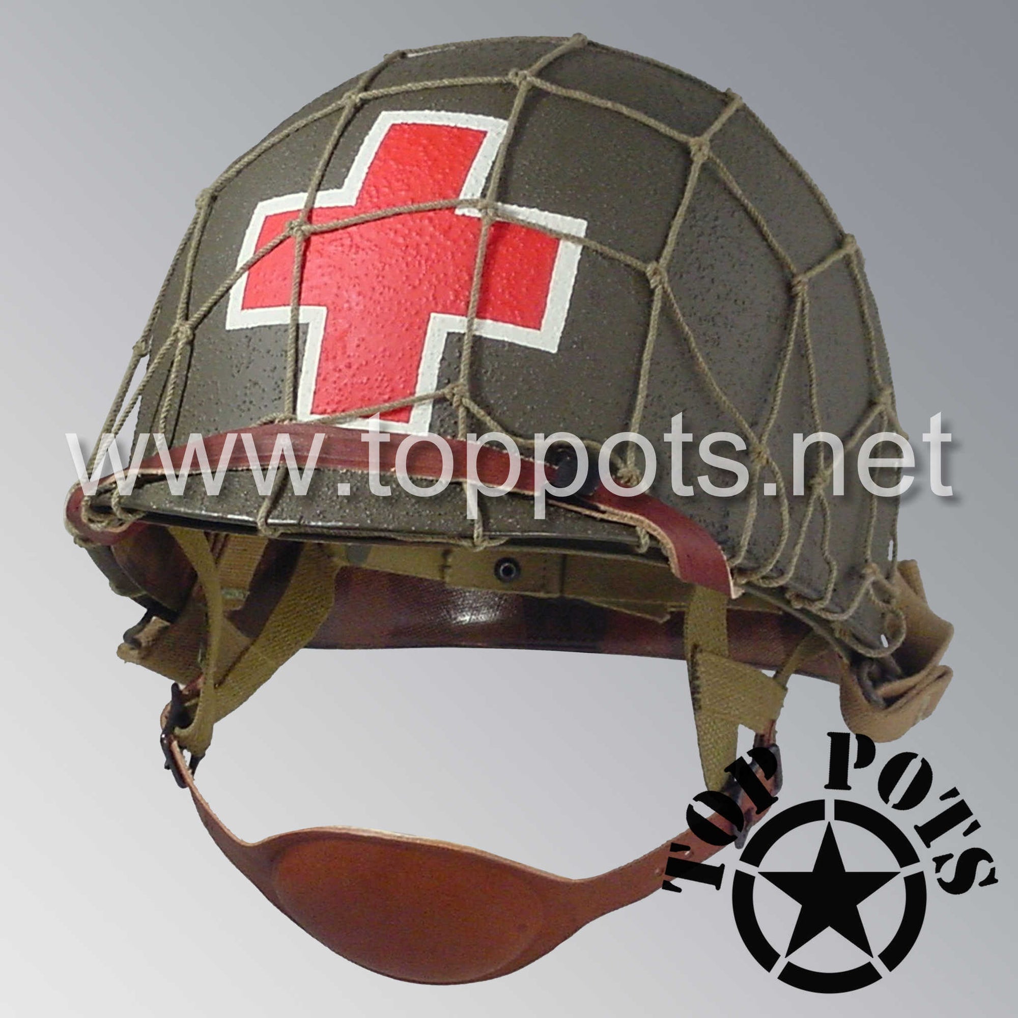 WWII US Army Restored Original M1C Paratrooper Airborne Helmet Swivel Bale Shell and Liner with Two Panel Medic Emblem with Large Cargo Net
