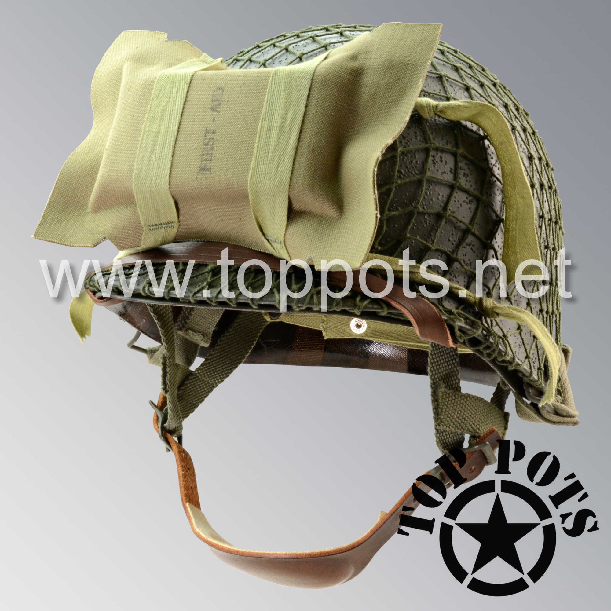 WWII US Army Restored Original M1C Paratrooper Airborne Helmet Swivel Bale Shell and Liner with Westinghouse A Straps, OD 7 Net and Medic Pack