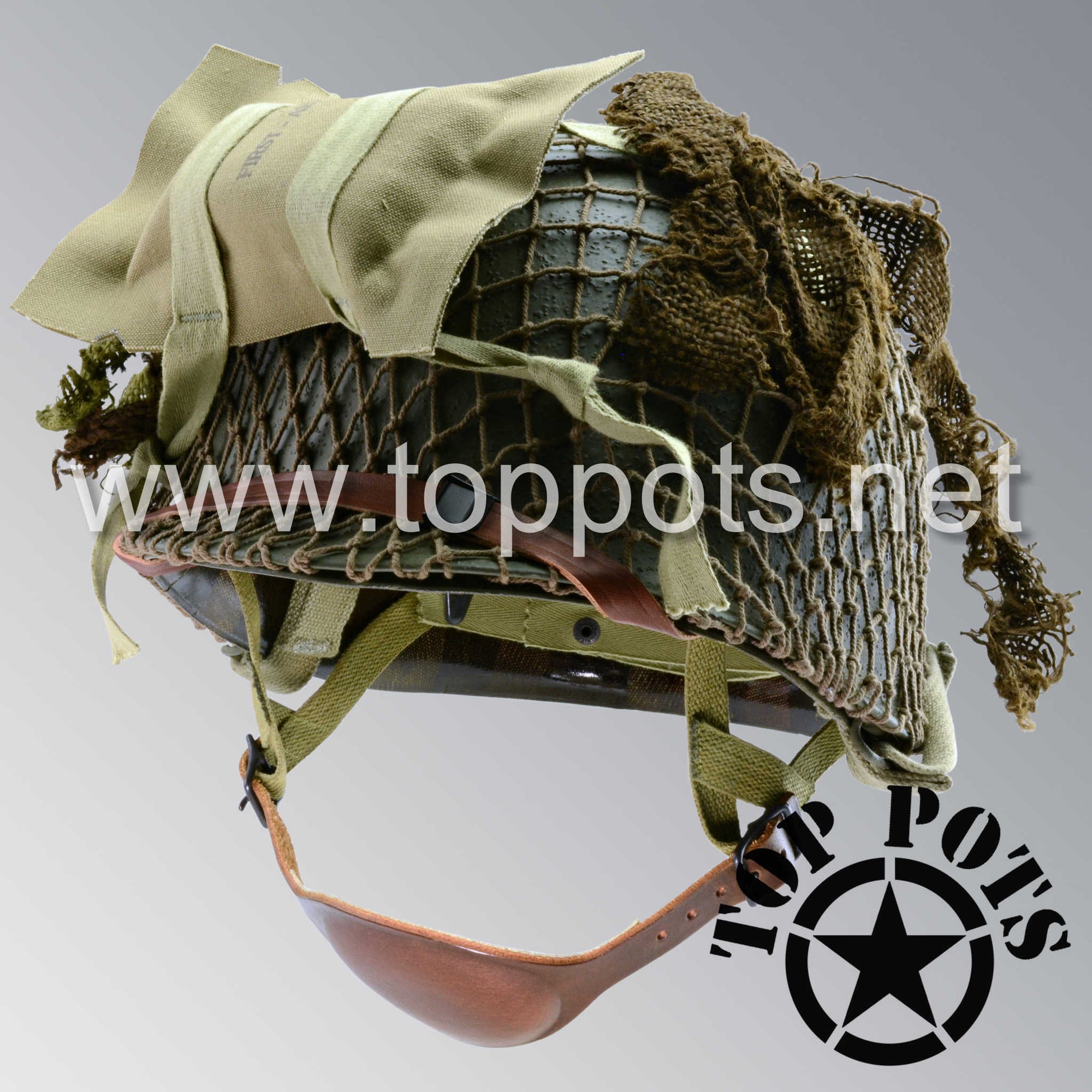 WWII US Army Restored Original M1C Paratrooper Airborne Helmet Swivel Bale Shell and Liner with Net, Scrim and Medic Pack