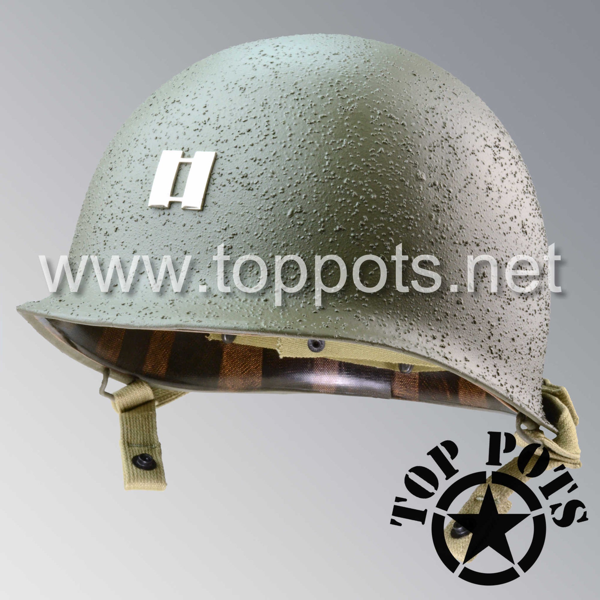 WWII US Army Restored Original M1C Airborne Paratrooper Helmet Swivel Bale Shell with Metal Captain Rank and Chinstraps