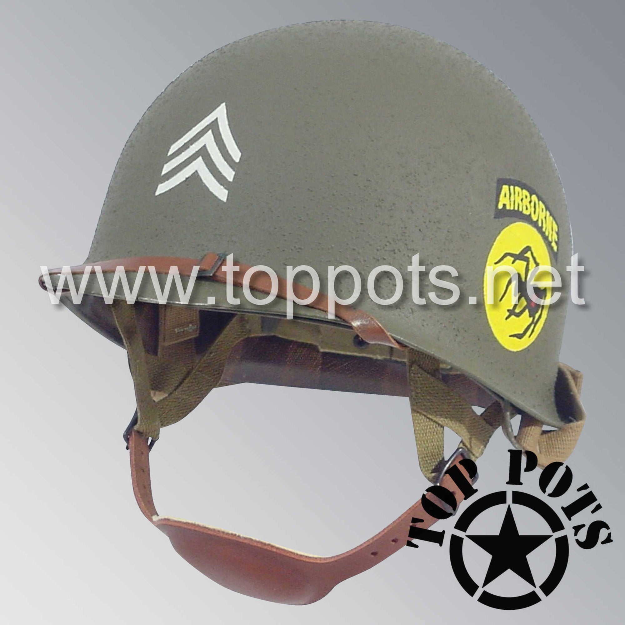 WWII US Army Restored Original M2 Paratrooper Airborne Helmet D Bale Shell and Liner with 135th Airborne Decoy Division NCO Emblem