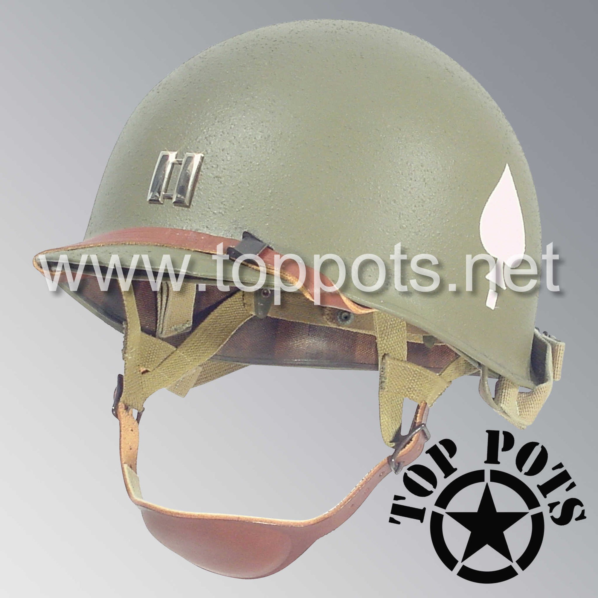 WWII US Army Restored Original M2 Paratrooper Airborne Helmet D Bale Shell and Liner with 506th PIR 2nd Battalion Officer Metal Captain Rank Emblem