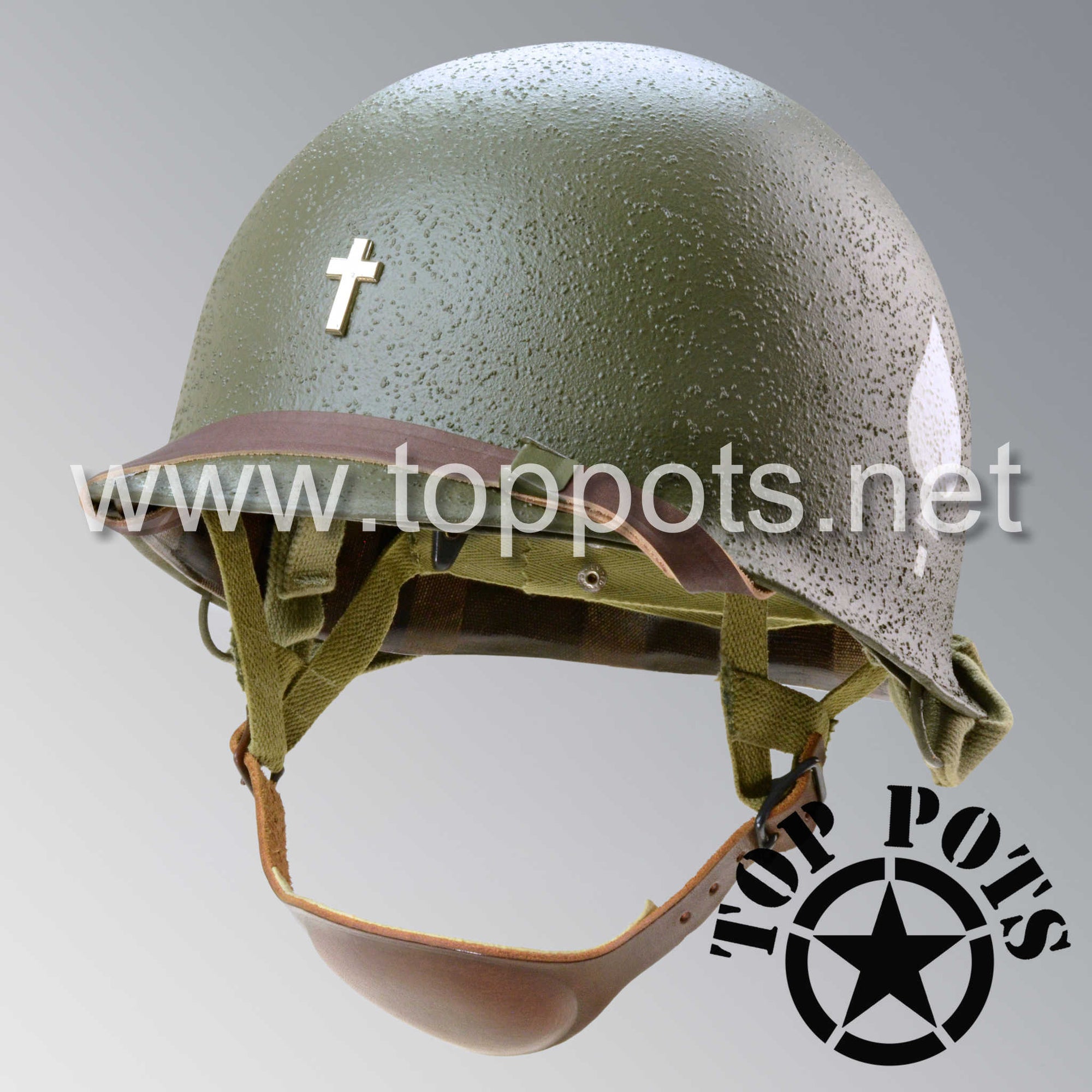WWII US Army Restored Original M2 Paratrooper Airborne Helmet D Bale Shell and Liner with 506th 2nd Battalion PIR Chaplain Officer Emblem