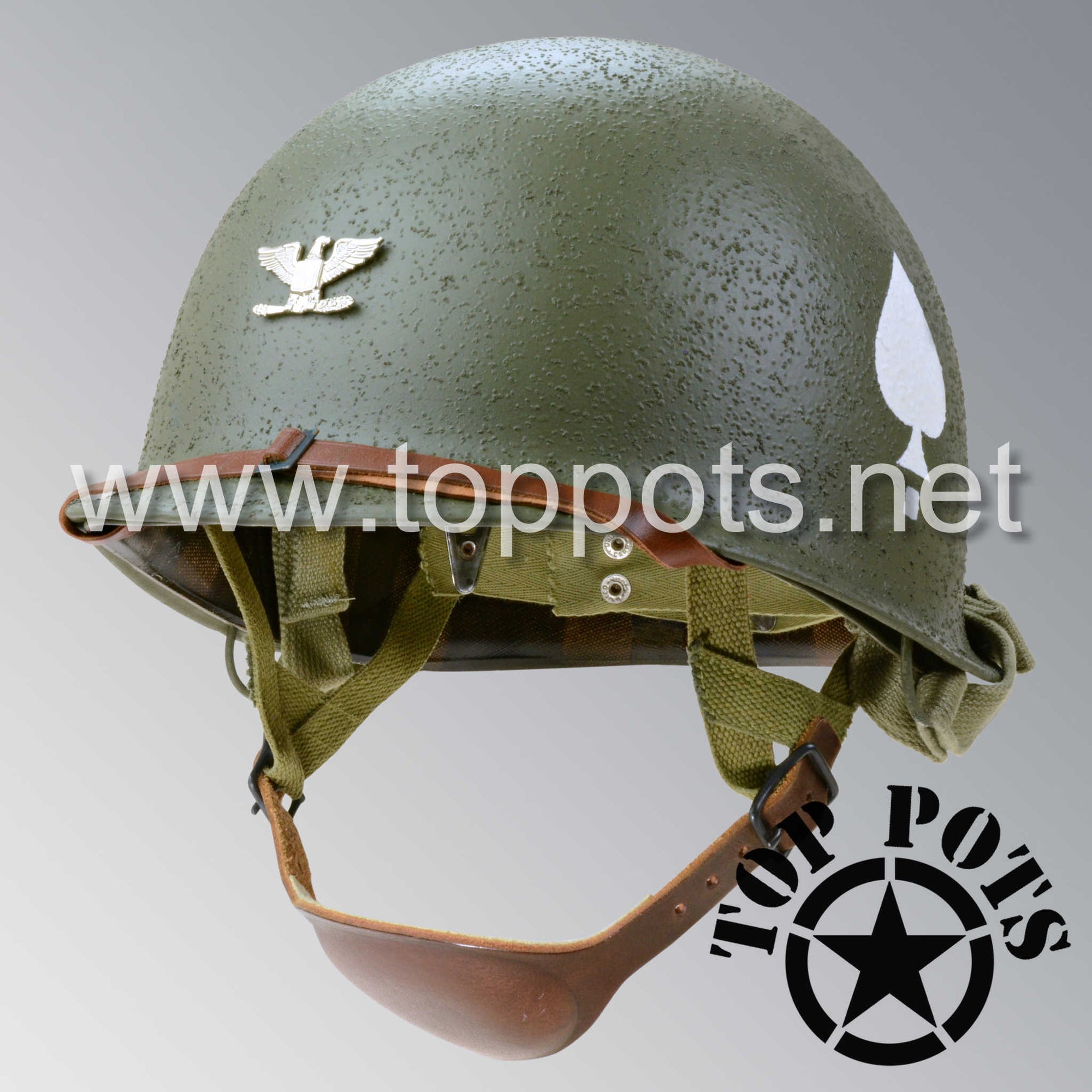 WWII US Army Restored Original M2 Paratrooper Airborne Helmet D Bale Shell and Liner with 506th 2nd Battalion PIR Lt. Colonel Metal Officer Emblem