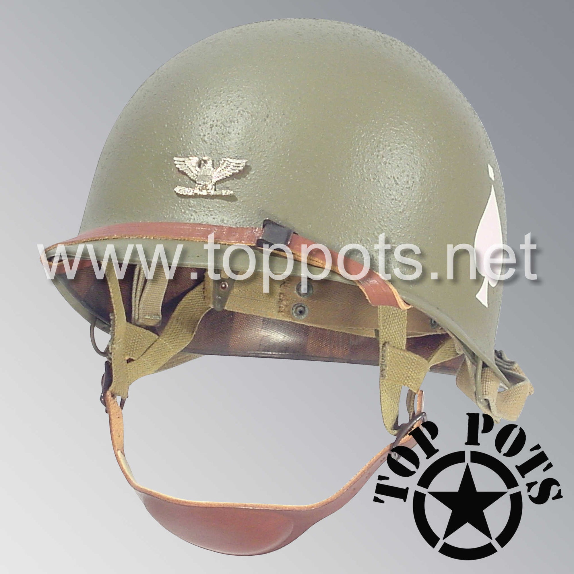WWII US Army Restored Original M2 Paratrooper Airborne Helmet D Bale Shell and Liner with 506th PIR HQ Battalion Officer Metal Colonel Rank Emblem