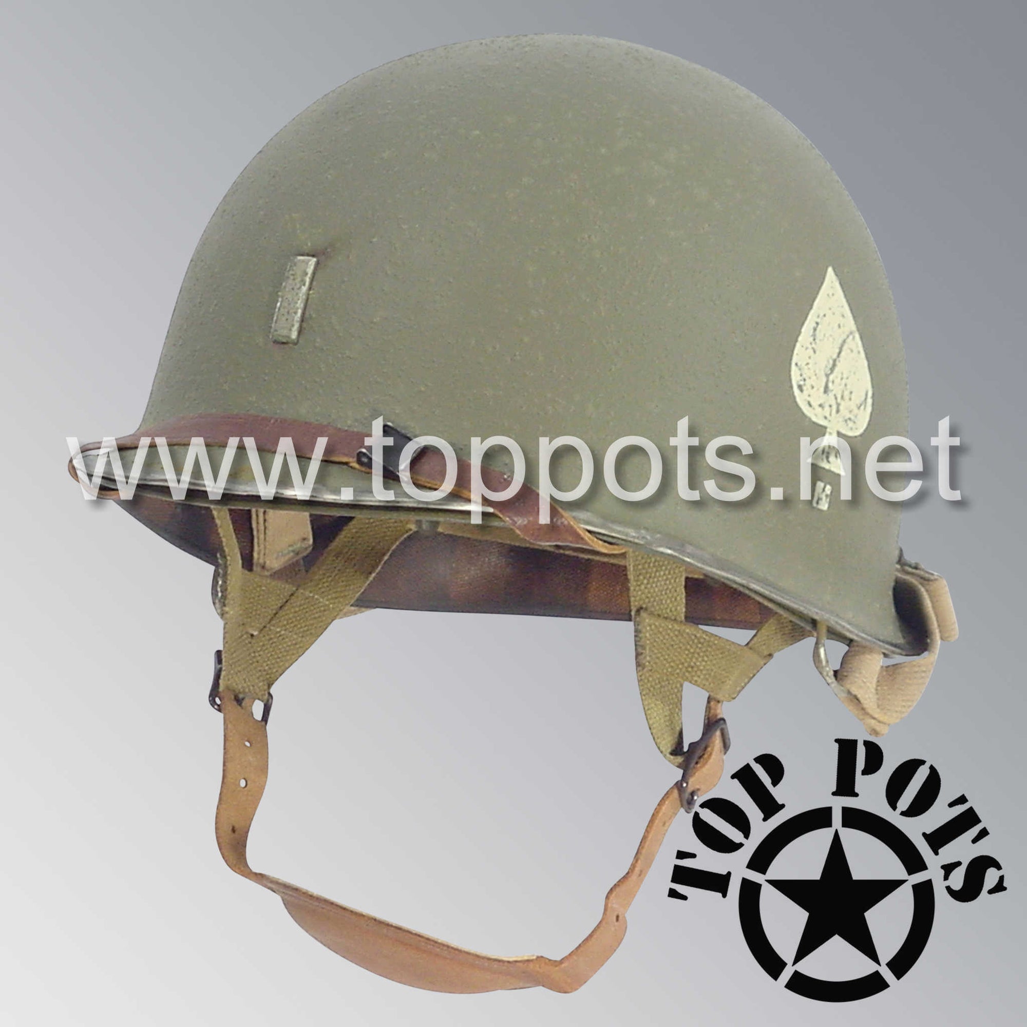 WWII US Army Aged Original M2 Paratrooper Airborne Helmet D Bale Shell and Liner with 506th PIR 2nd Battalion Officer Metal Lieutenant Rank Emblem