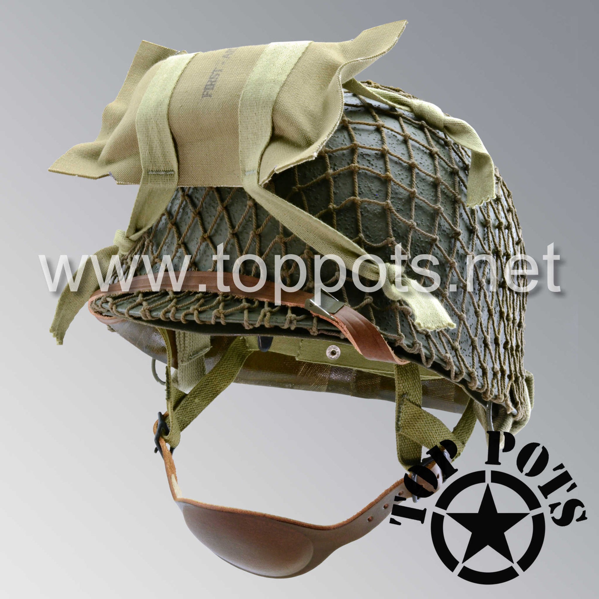 WWII US Army Restored Original M2 Paratrooper Airborne Helmet D Bale Shell and Liner with Khaki Net and Medic Pack