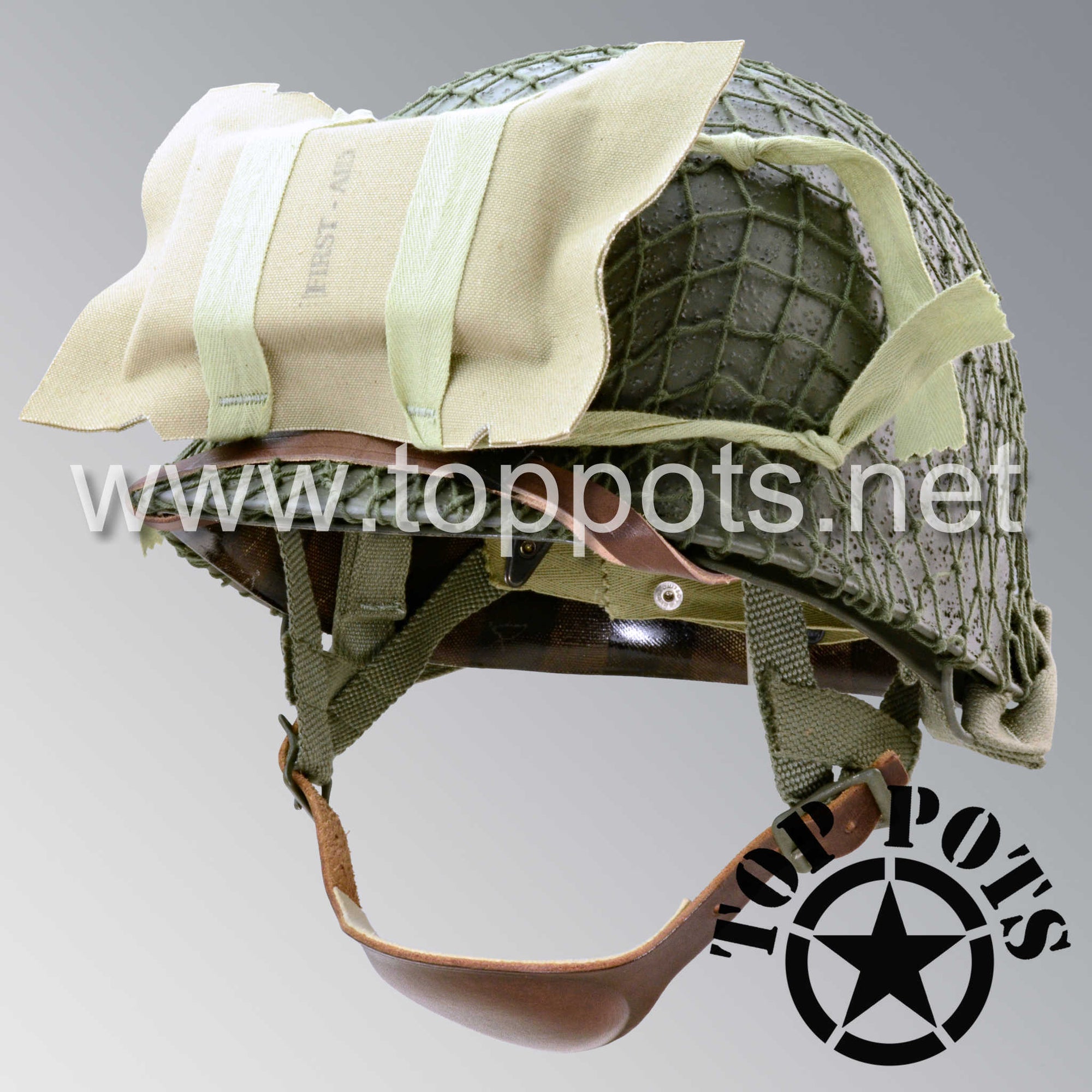 WWII US Army Restored Original M2 Paratrooper Airborne Helmet D Bale Shell and Liner with OD 7 Net and Medic Pack