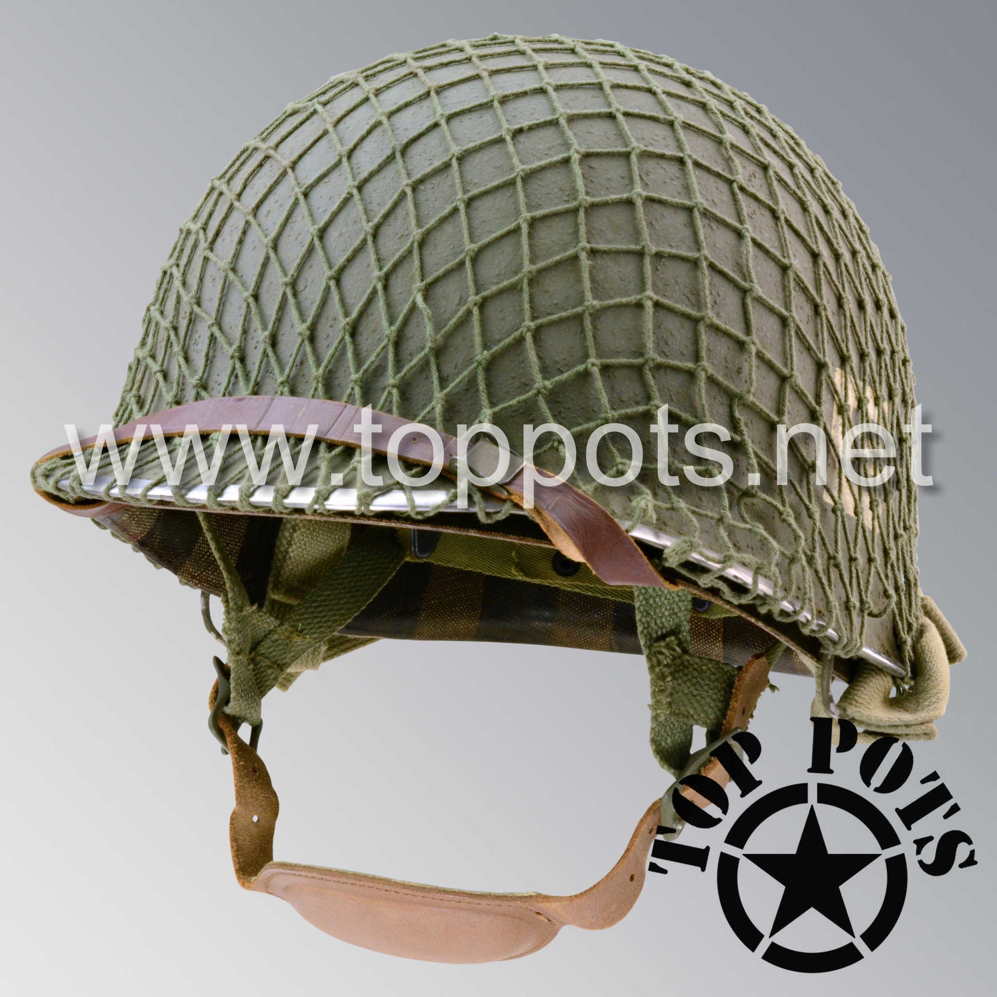 WWII US Army Aged Original M2 Paratrooper Airborne Helmet D Bale Shell and Liner with 326th Airborne Engineer Battalion AEB Emblem and Net