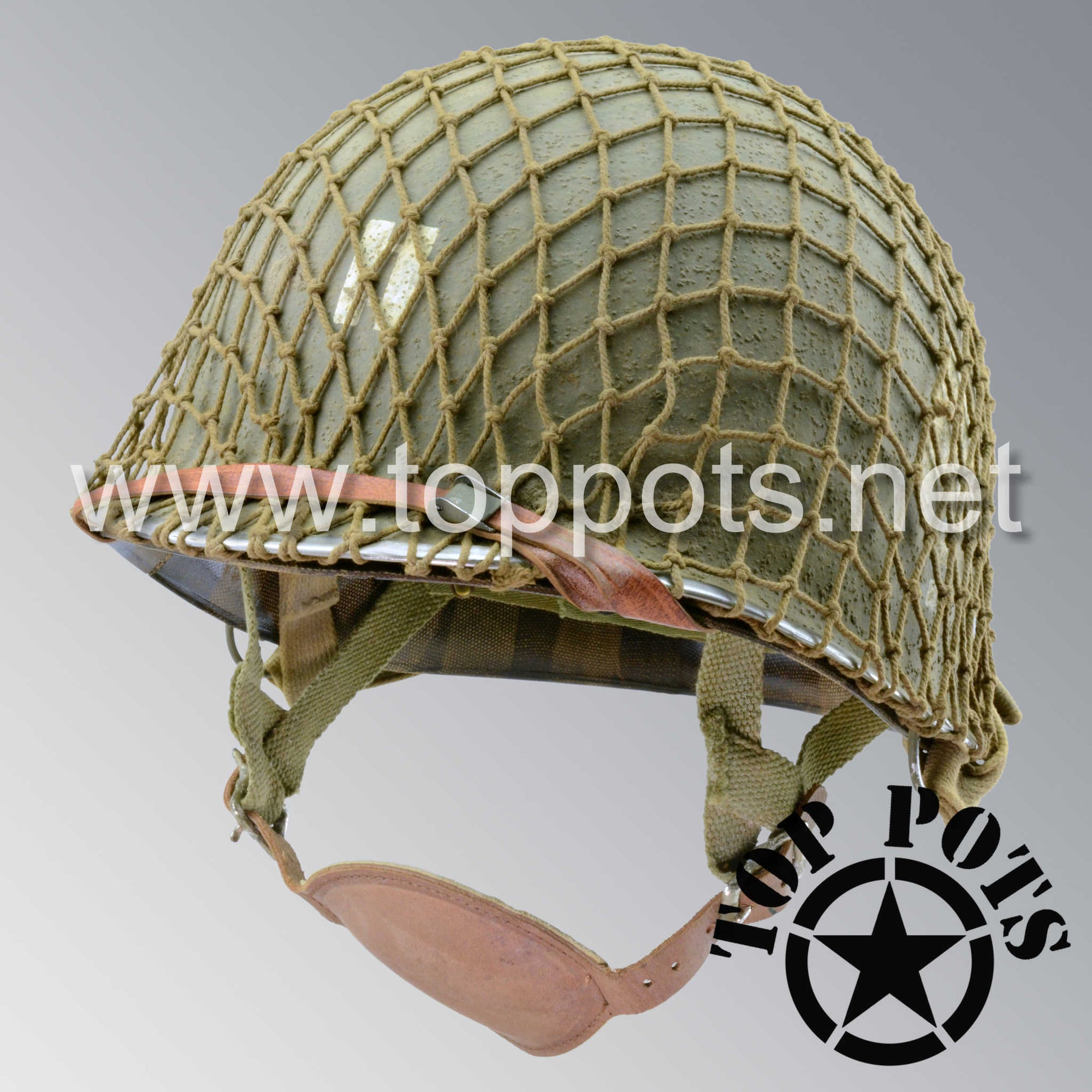 WWII US Army Aged Original M2 Paratrooper Airborne Helmet D Bale Shell and Liner with 506th 2nd Battalion PIR Officer Emblem and Net