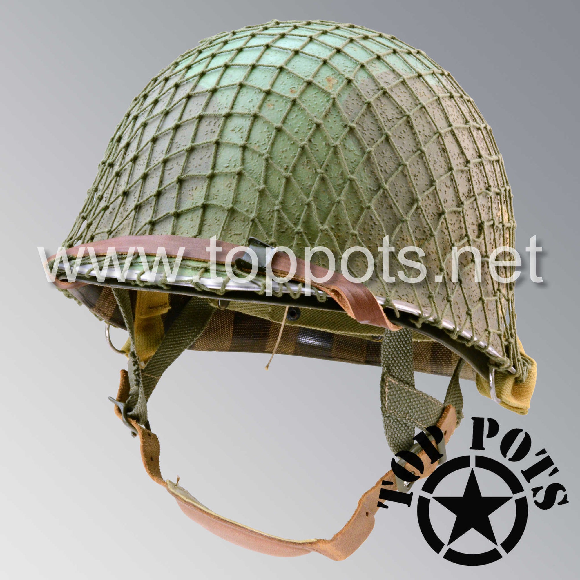 WWII US Army Aged Original M2 Paratrooper Airborne Helmet D Bale Shell and Liner with 551st PIR Pathfinder Camouflage Emblem and Net