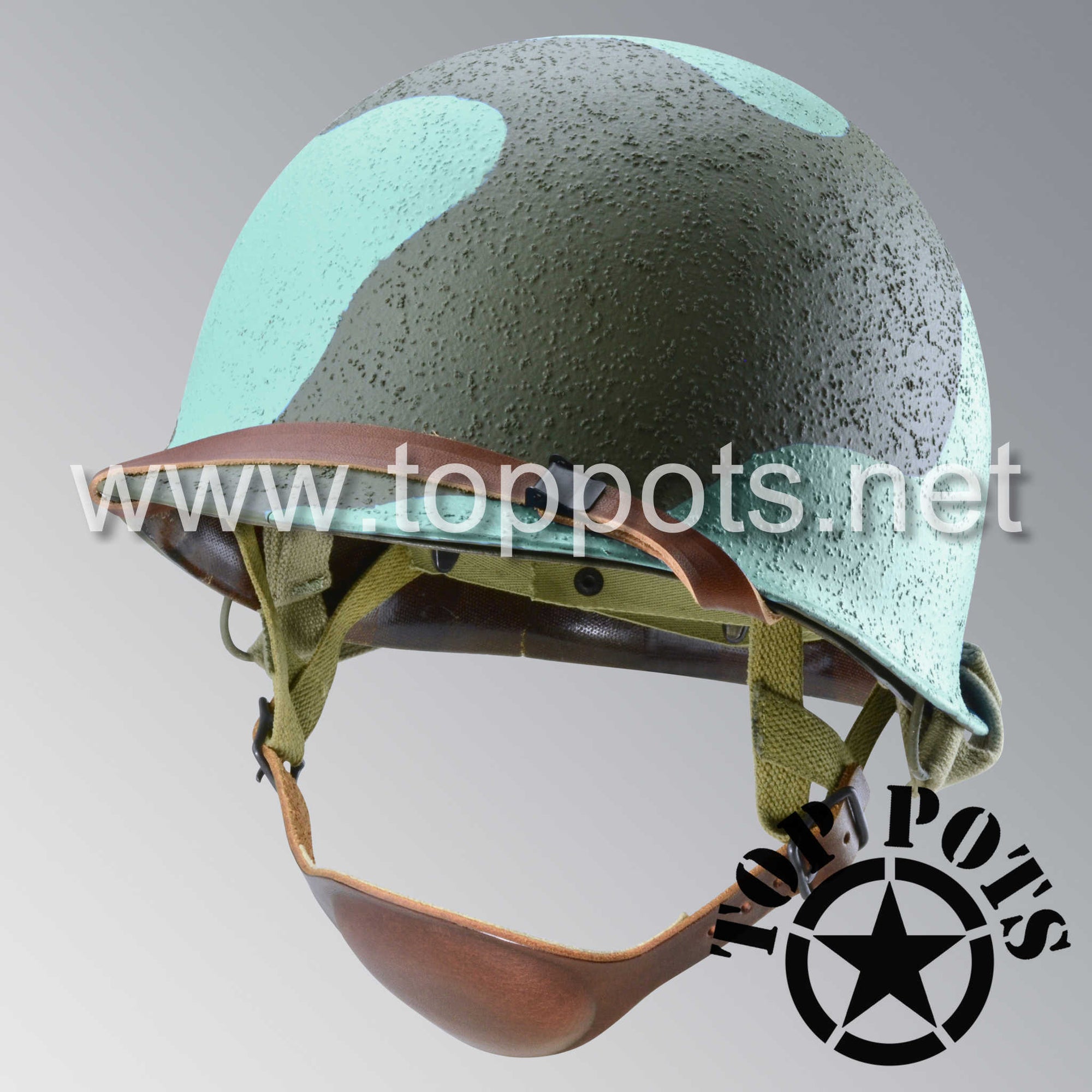 WWII USMC Marine Corps M2 Para Marine Paratrooper Airborne Helmet D Bale Shell and Liner with Pacific Water Camouflage Emblem - Sea Foam Blue