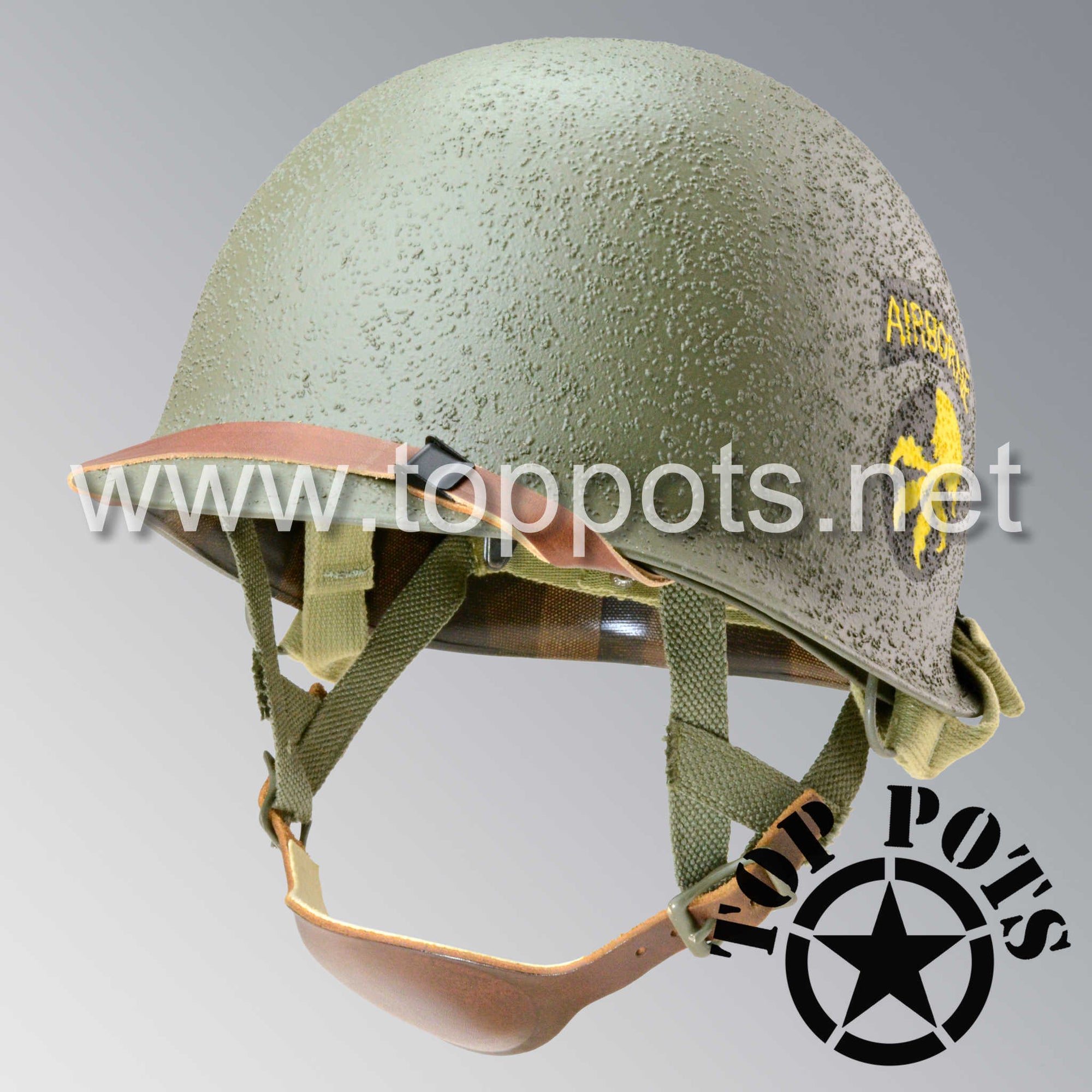 WWII US Army Restored Original M2 Paratrooper Airborne Helmet D Bale Shell and Liner with 17th Airborne Division Emblem