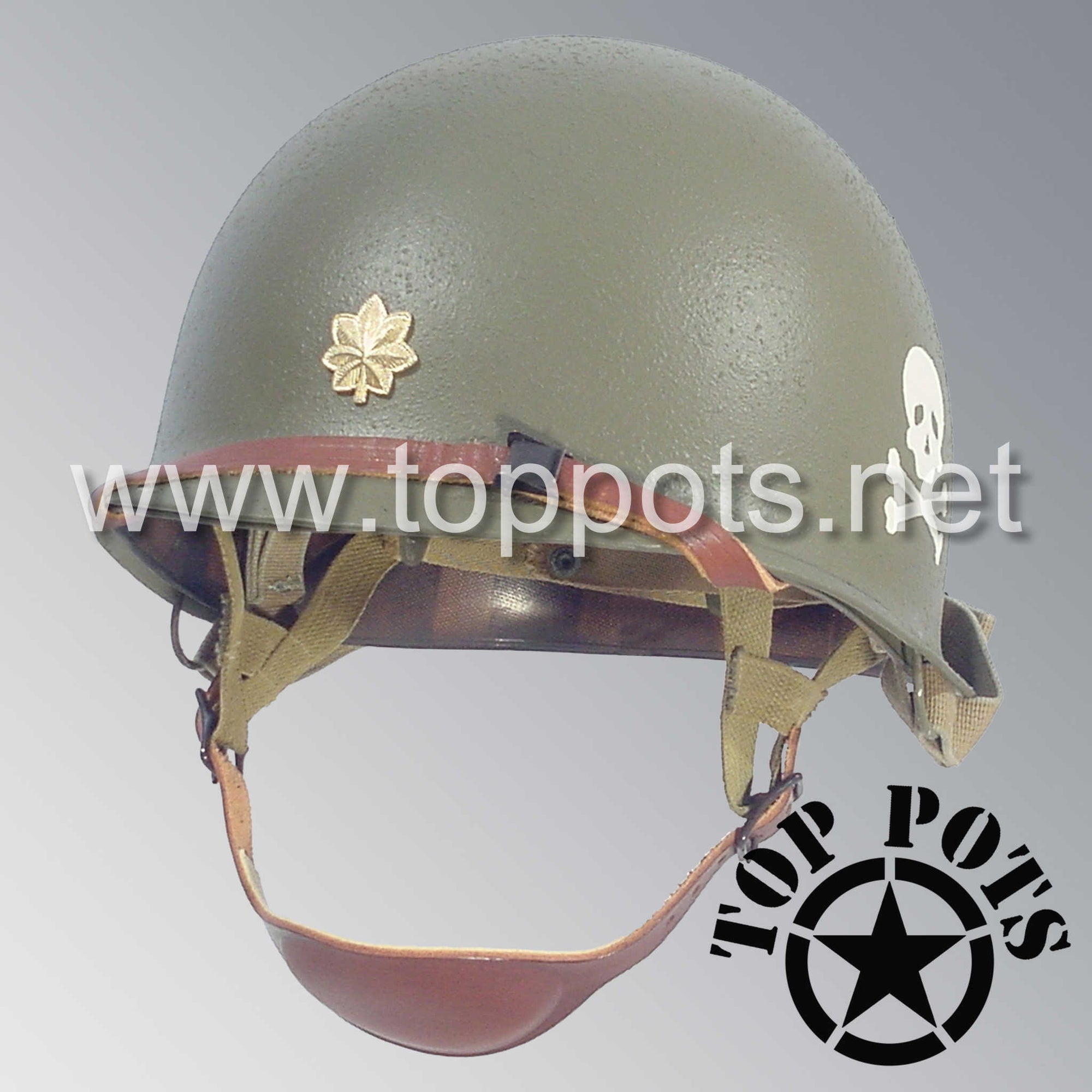 WWII US Army Restored Original M2 Paratrooper Airborne Helmet D Bale Shell and Liner with 504th PIR Officer Metal Major Rank Emblem
