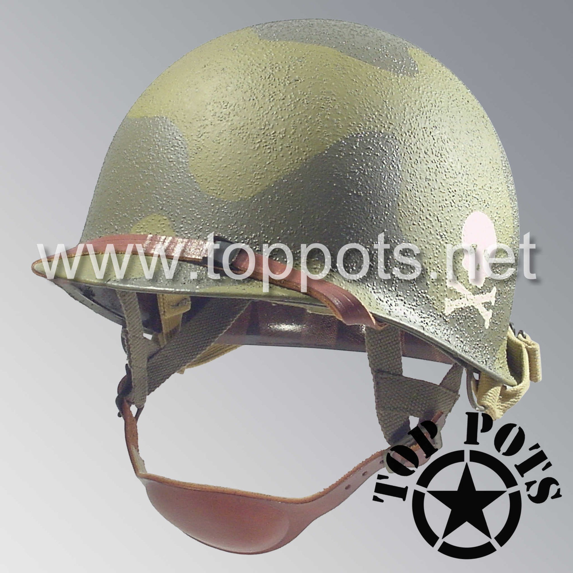 WWII US Army Restored Original M2 Paratrooper Airborne Helmet D Bale Shell and Liner with 504th PIR Officer Pathfinder Camouflage Emblem