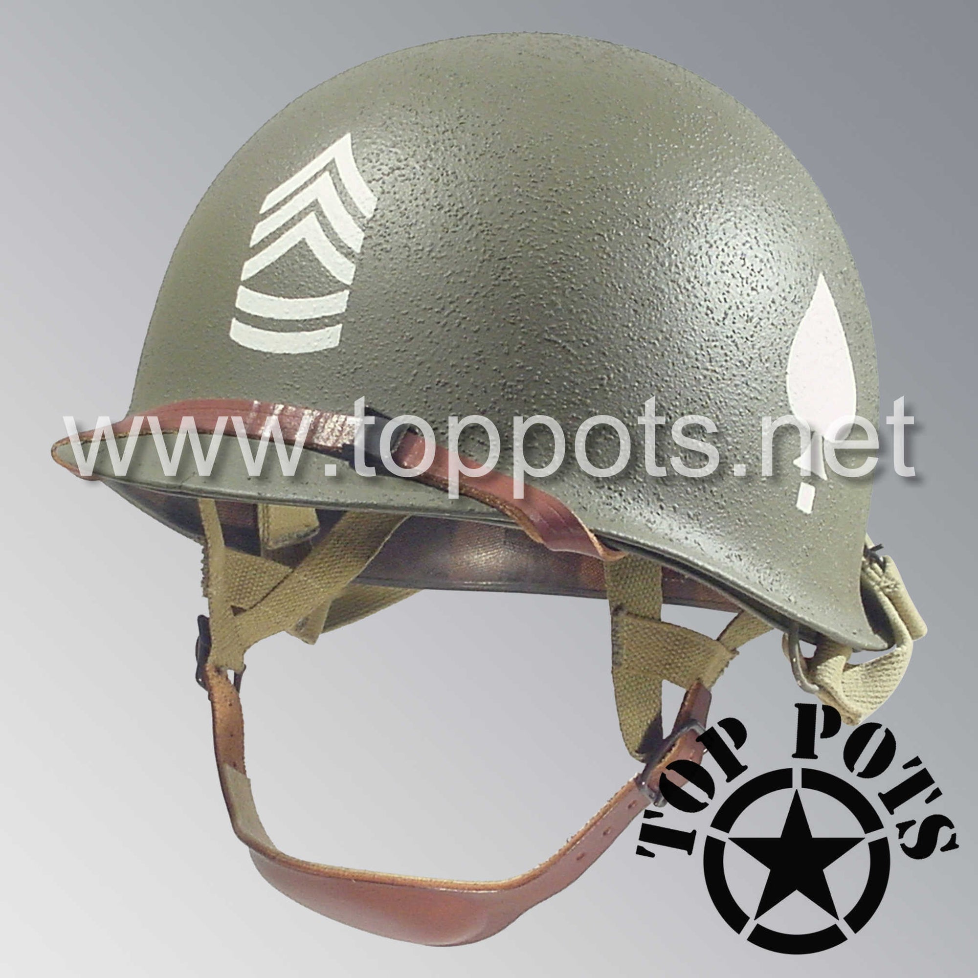 WWII US Army Restored Original M2 Paratrooper Airborne Helmet D Bale Shell and Liner with 506th PIR 2nd Battalion Sergeant 1st Class NCO Emblem