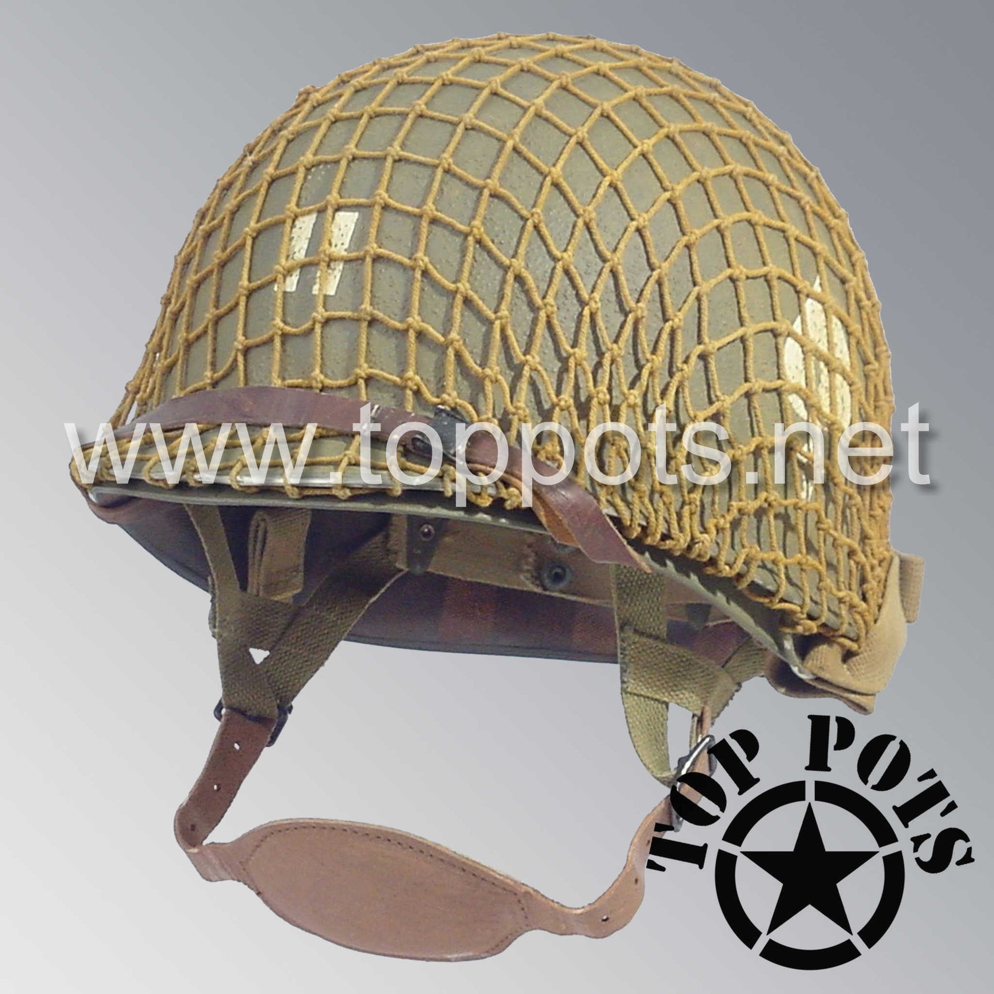 WWII US Army Aged Original M2 Paratrooper Airborne Helmet D Bale Shell and Liner with 506th PIR 2nd Battalion Officer Captain Rank Emblem with Net