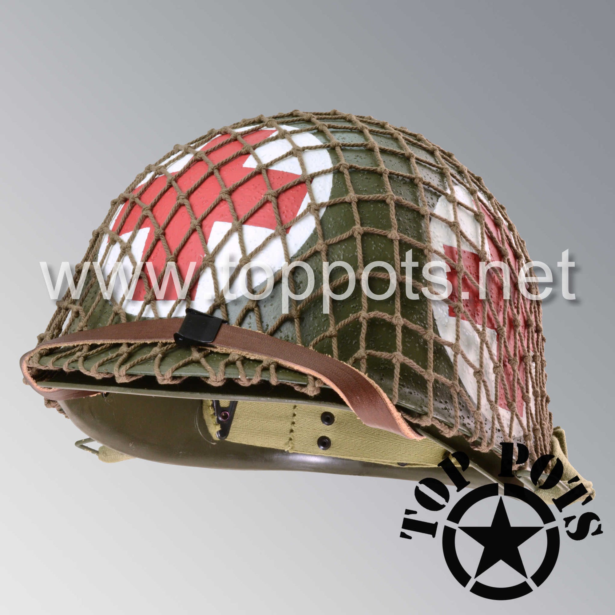 WWII US Army Reproduction M1 Infantry Helmet Swivel Bale Shell and Liner with Four Panel Medic Emblem and Net