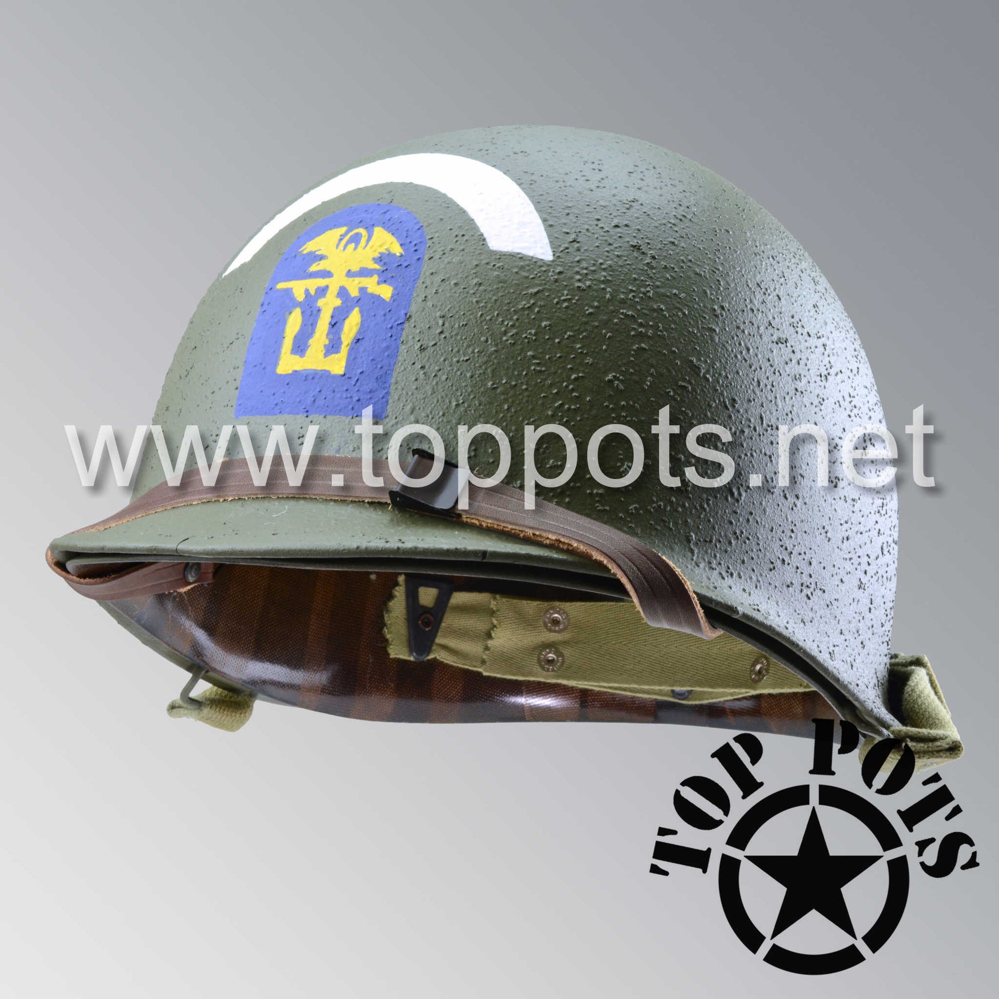 WWII US Army Restored Original M1 Infantry Helmet Swivel Bale Shell and Liner with ESB Engineer Special Brigade Emblem