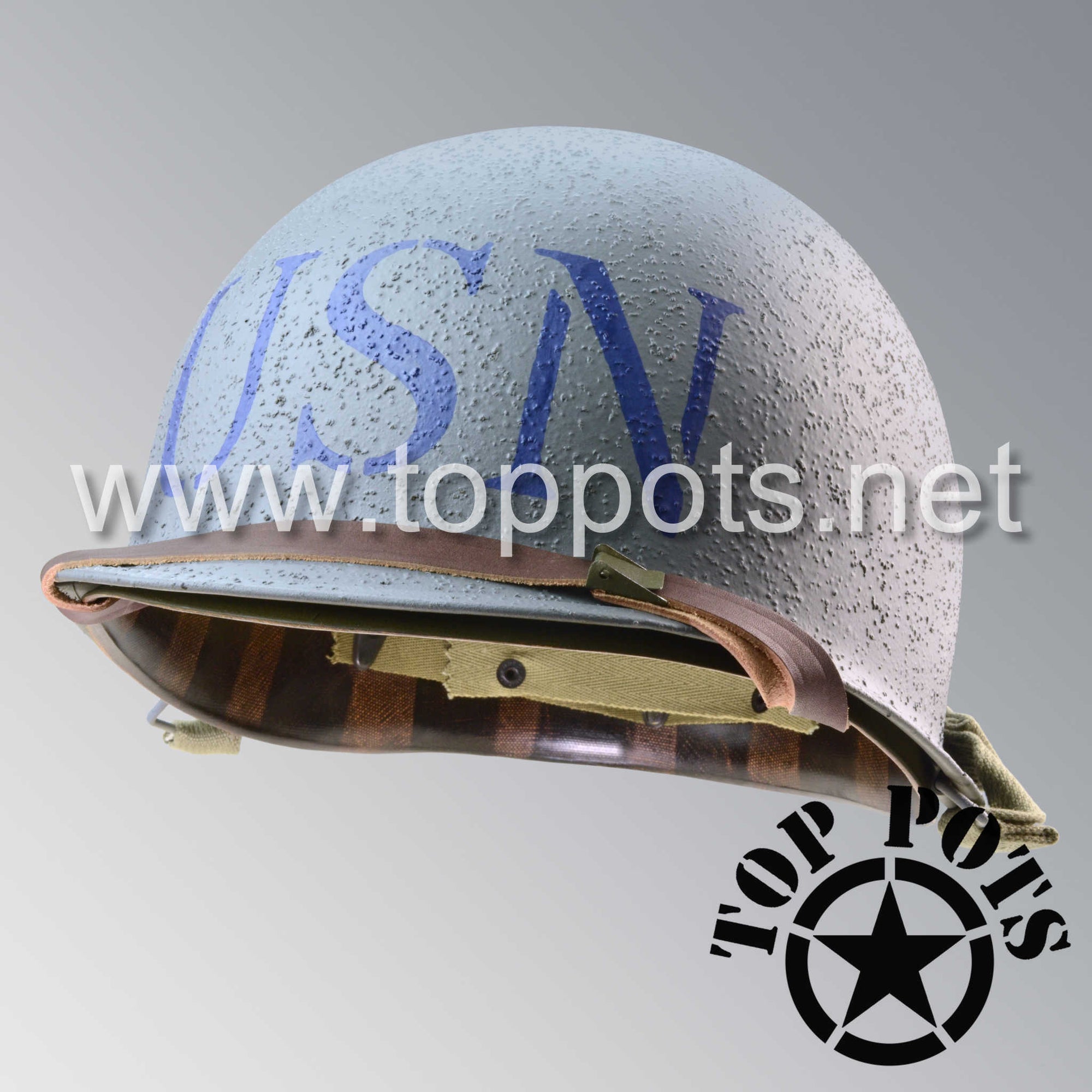 WWII US Navy Restored Original M1 Infantry Helmet Swivel Bale Shell and Liner with Blue USN Emblem