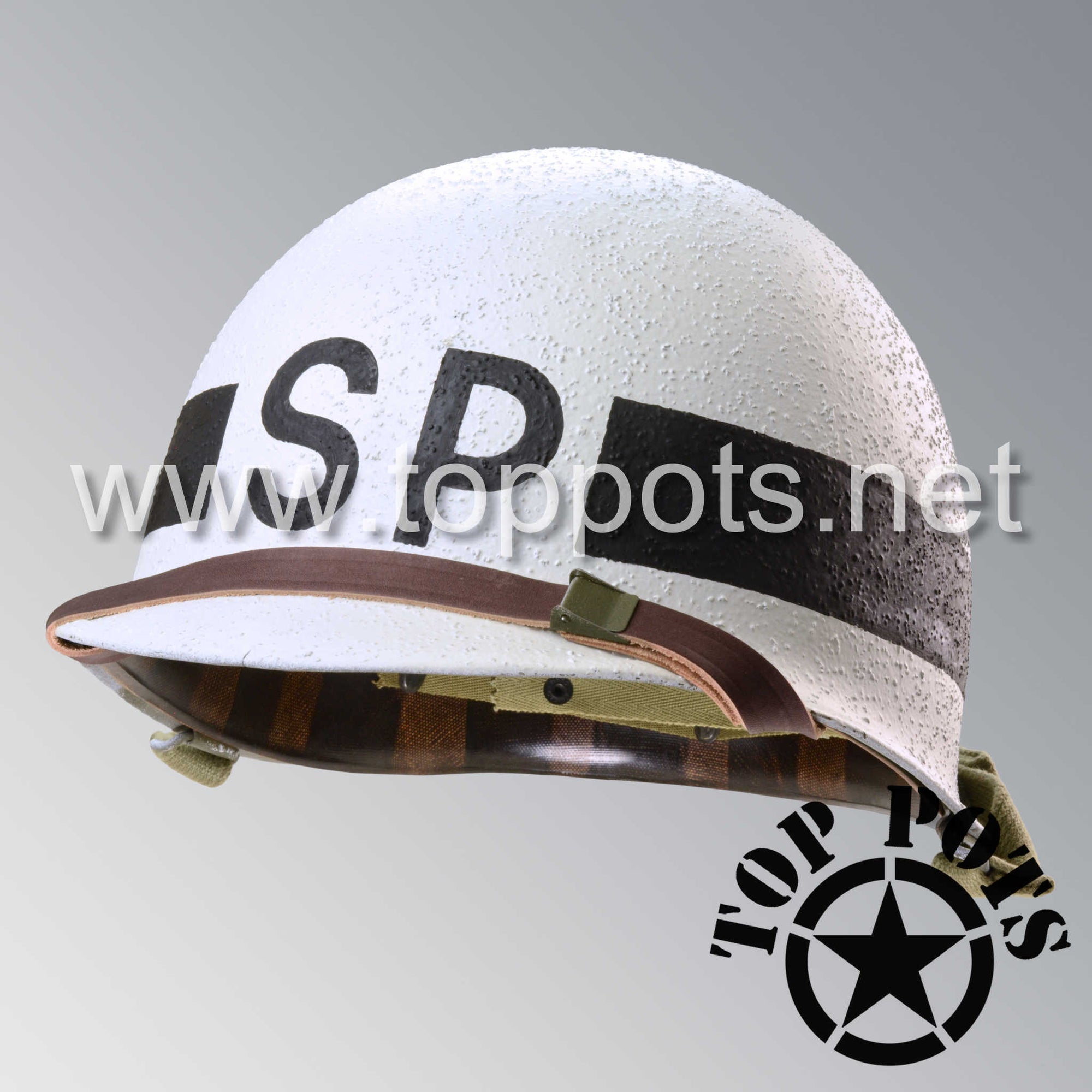 WWII US Navy Restored Original M1 Infantry Helmet Swivel Bale Shell and Liner with Shore Patrol Emblem