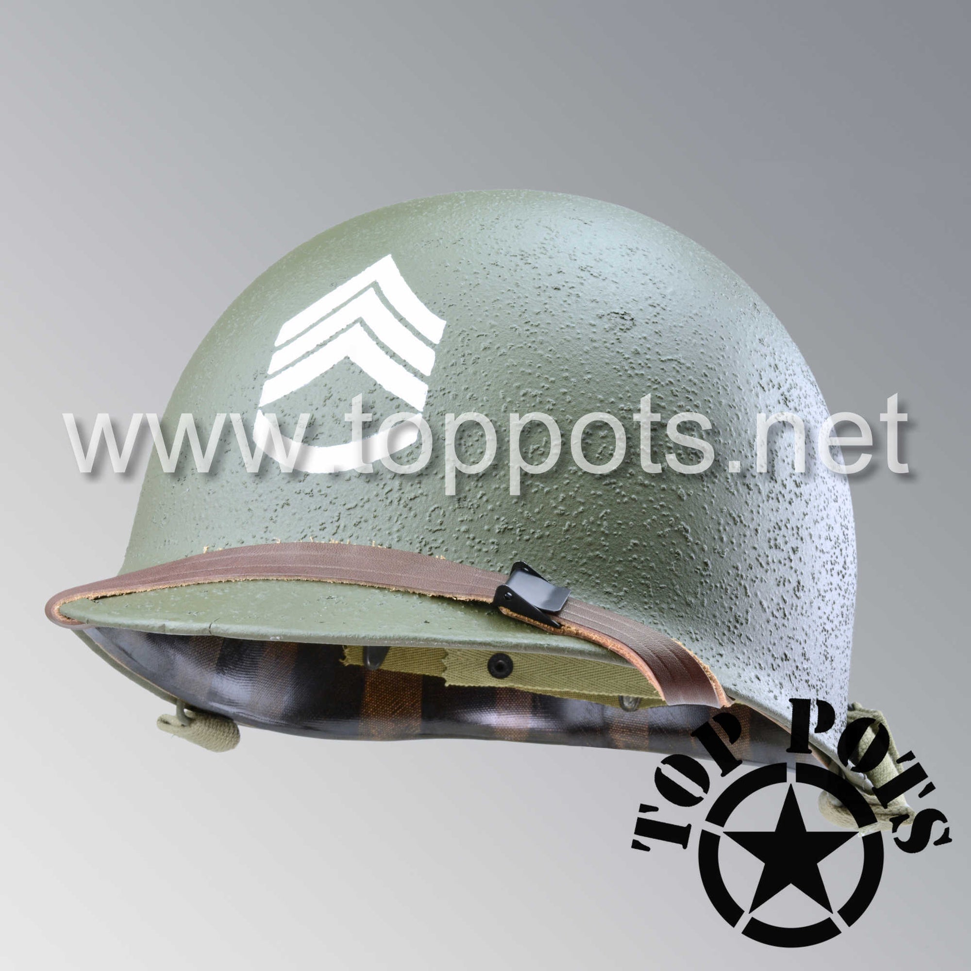 WWII US Army Restored Original M1 Infantry Helmet Fix Bale Shell and Liner with Staff Sergeant Grade III Emblem