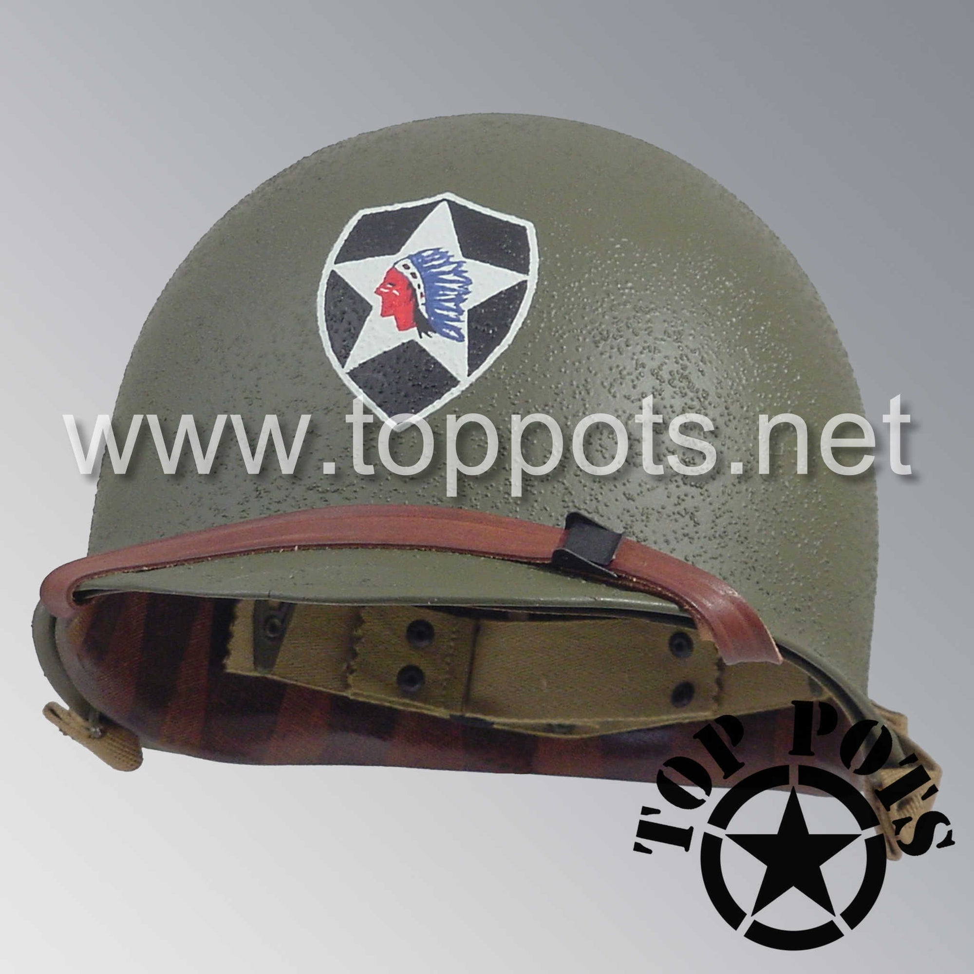 WWII US Army Restored Original M1 Infantry Helmet Swivel Bale Shell and Liner with 2nd Infantry Division Emblem