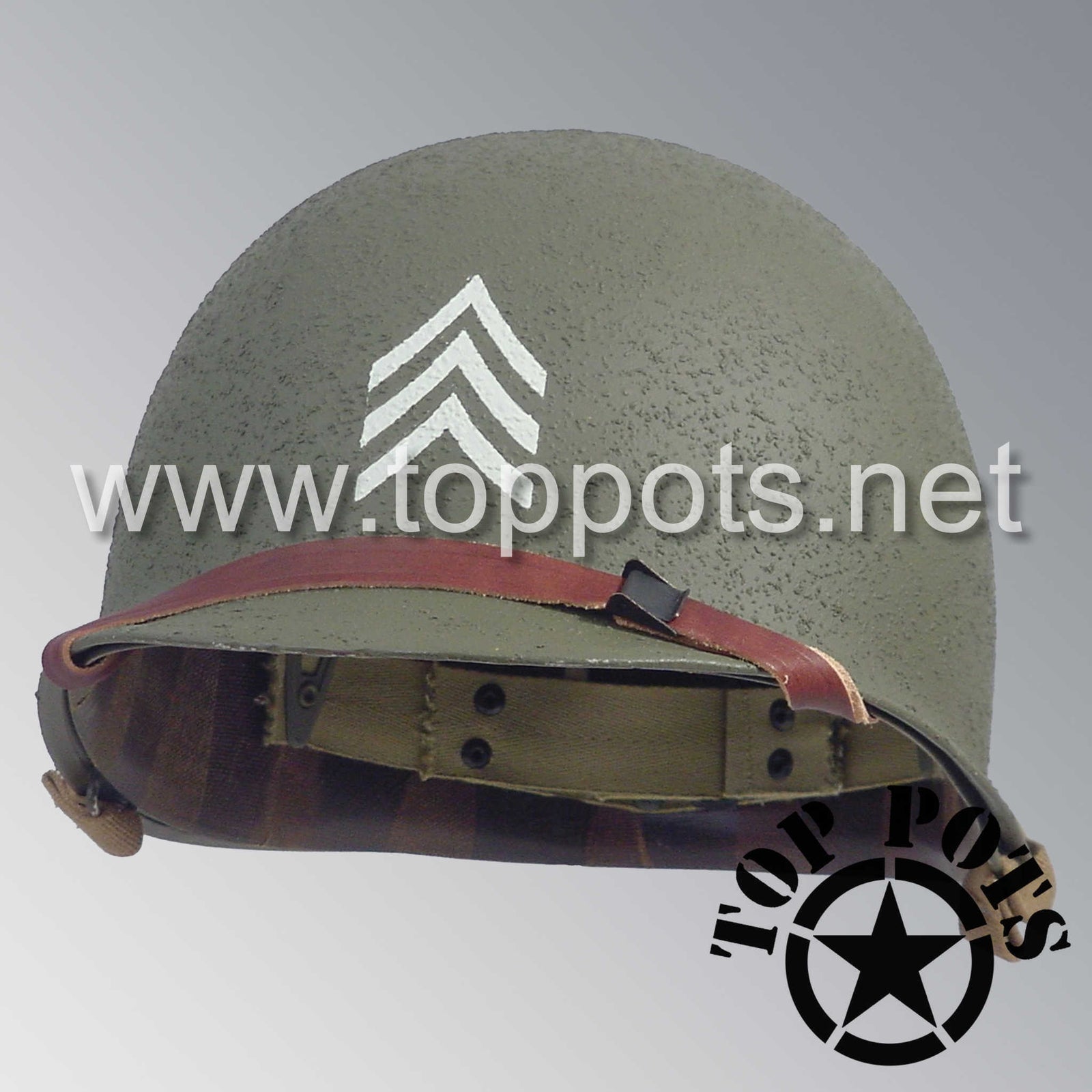 WWII US Army Restored Original M1 Infantry Helmet Swivel Bale Shell and Liner with Sergeant Chevron NCO Rank