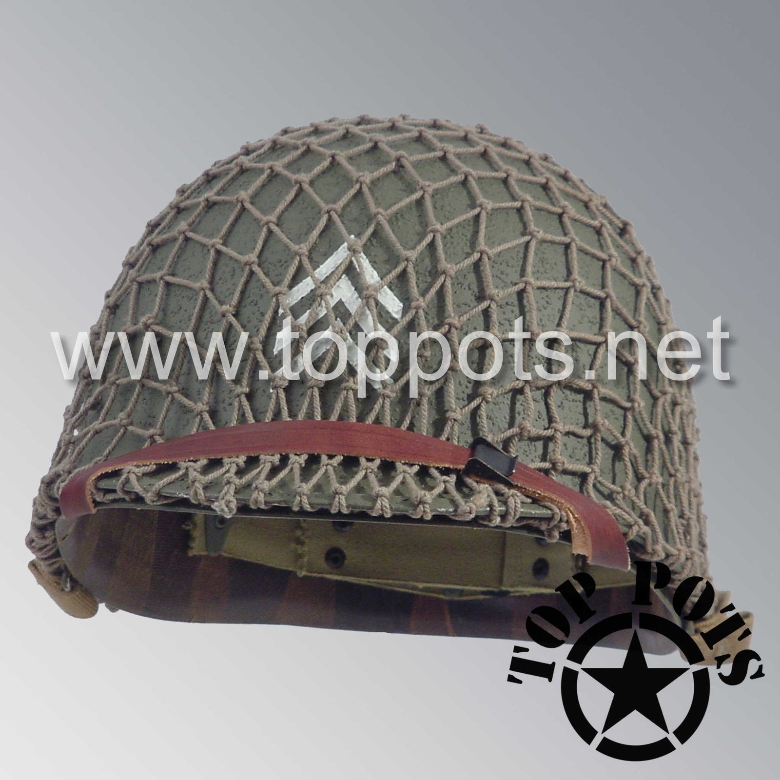 WWII US Army Restored Original M1 Infantry Helmet Swivel Bale Shell and Liner with Sergeant NCO Rank and Khaki Net