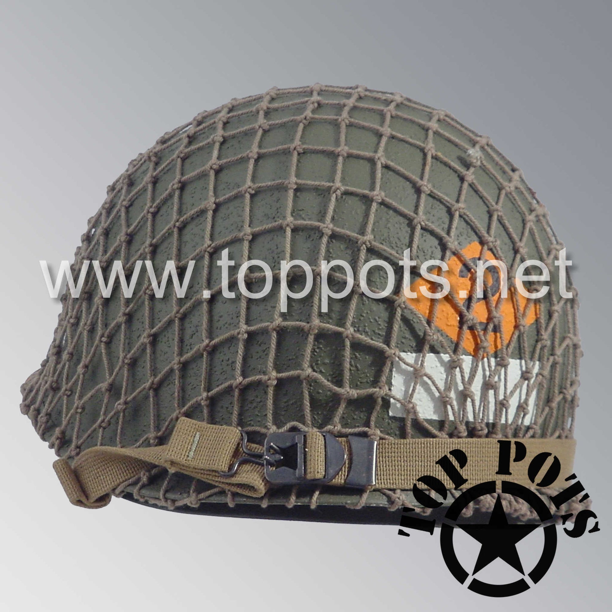 WWII US Army Restored Original M1 Infantry Helmet Swivel Bale Shell and Liner with 2nd Ranger NCO Emblem and Khaki Net