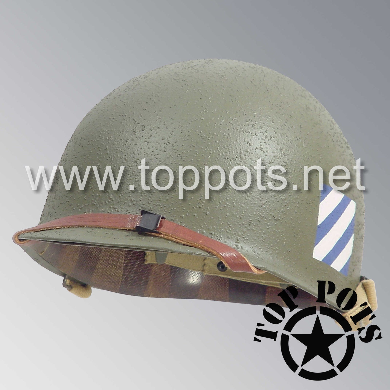 WWII US Army Restored Original M1 Infantry Helmet Swivel Bale Shell and Liner with 3rd Infantry Division Emblem