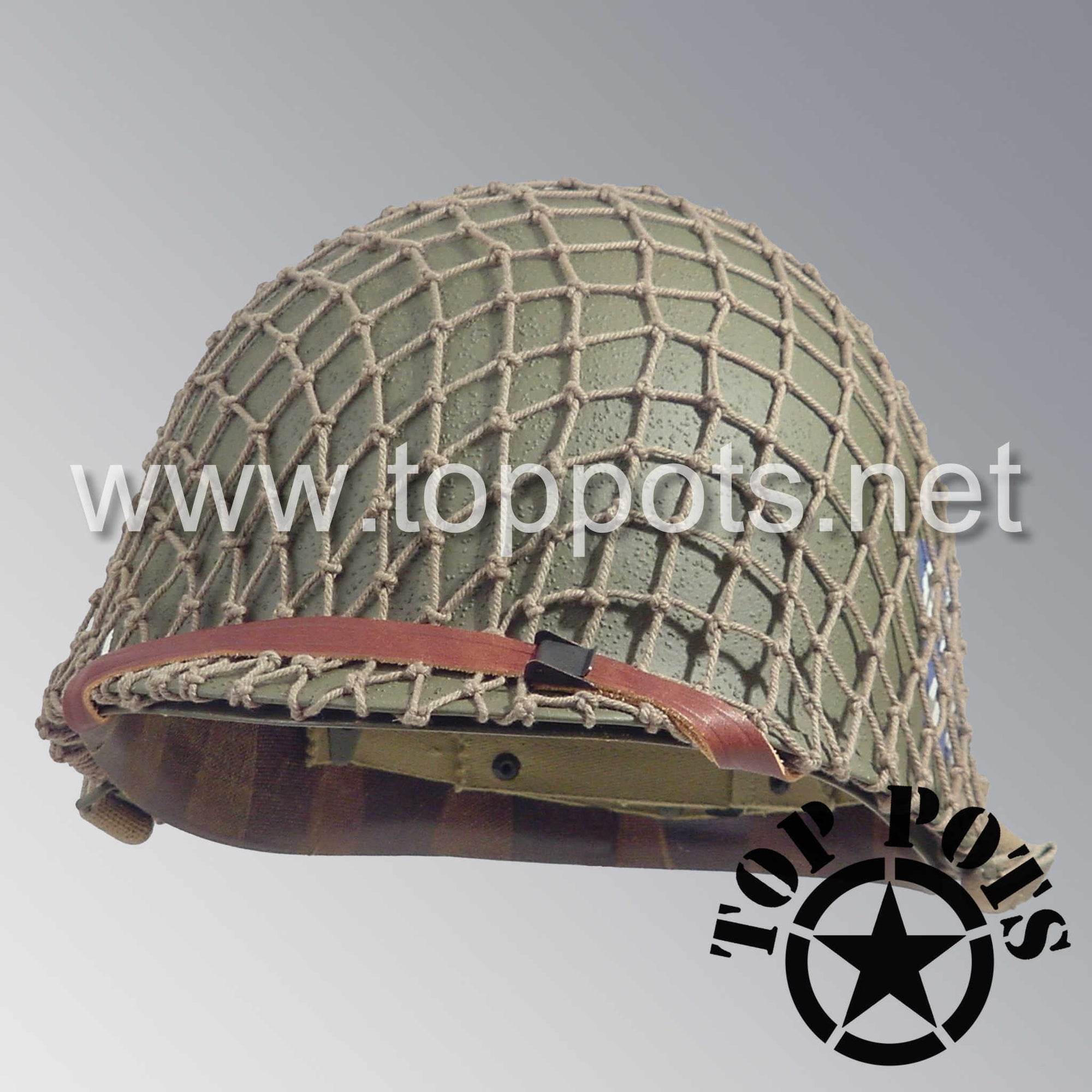 WWII US Army Restored Original M1 Infantry Helmet Swivel Bale Shell and Liner with 3rd Infantry Division Emblem and Net