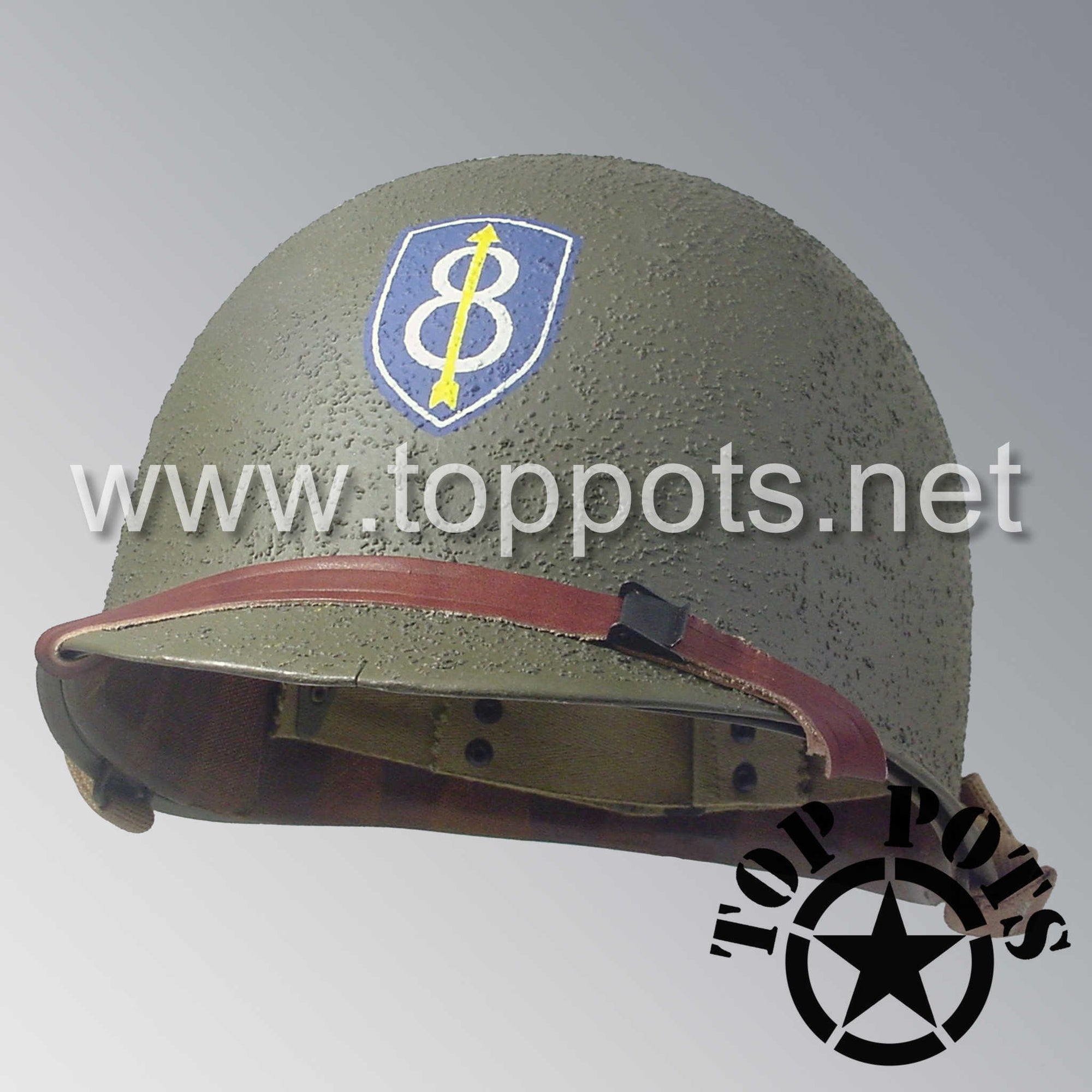 WWII US Army Restored Original M1 Infantry Helmet Swivel Bale Shell and Liner with 8th Infantry Division Emblem