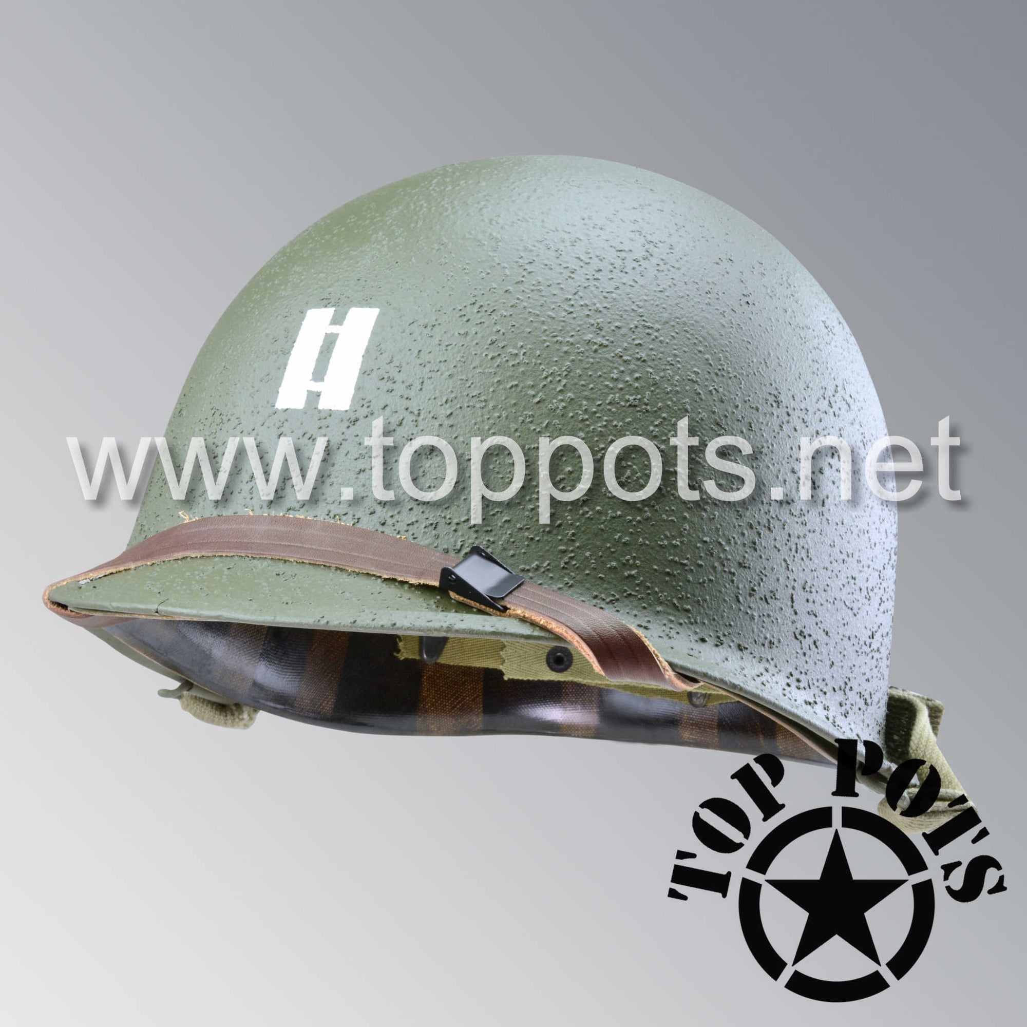 WWII US Army Restored Original M1 Infantry Helmet Swivel Bale Shell and Liner with Captain Insignia and Leadership Stripe - Schlueter Shell