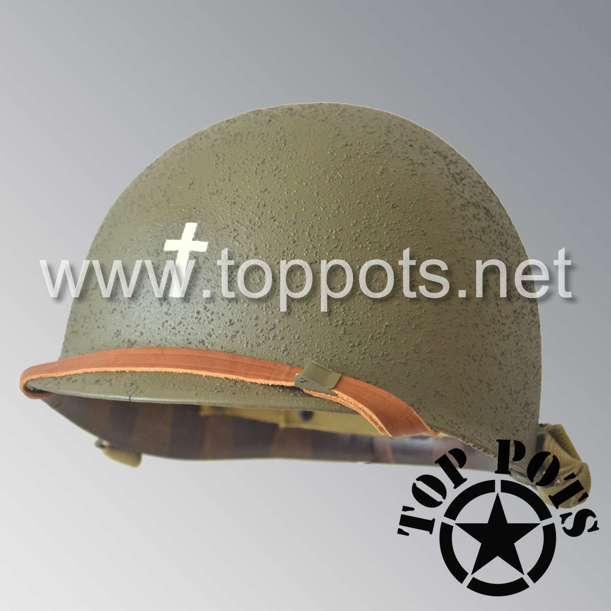WWII US Army Restored Original M1 Infantry Helmet Swivel Bale Shell and Liner with Chaplain Officer Emblem