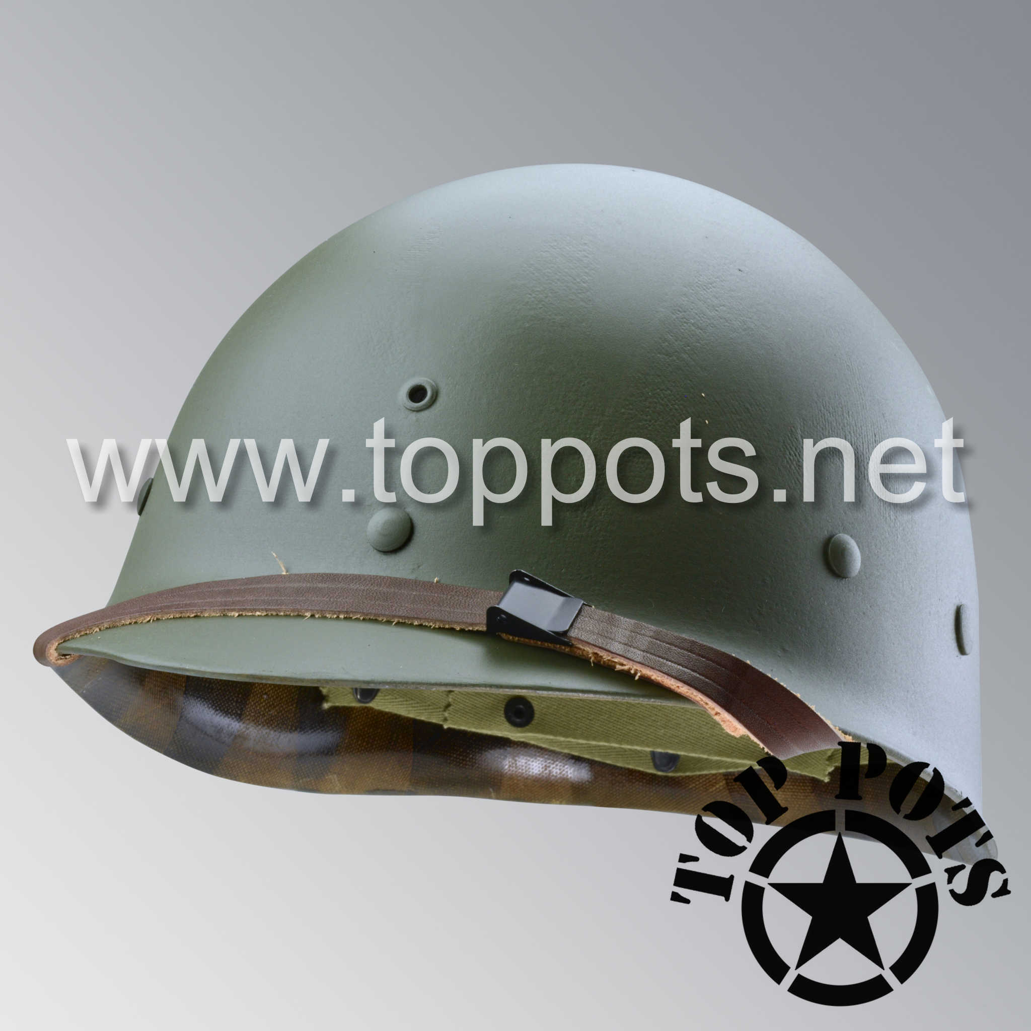 WWII US Army Restored Original M1 Infantry Helmet Swivel Bale Shell and Liner with Late War T1 Chinstraps