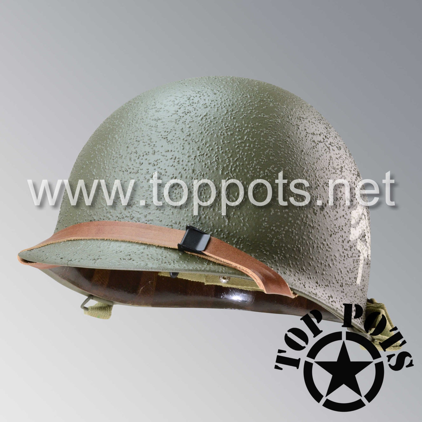 WWII US Army Restored Original M1 Infantry Helmet Swivel Bale Shell and Liner with Tech 5th Class Grade 5 Emblem