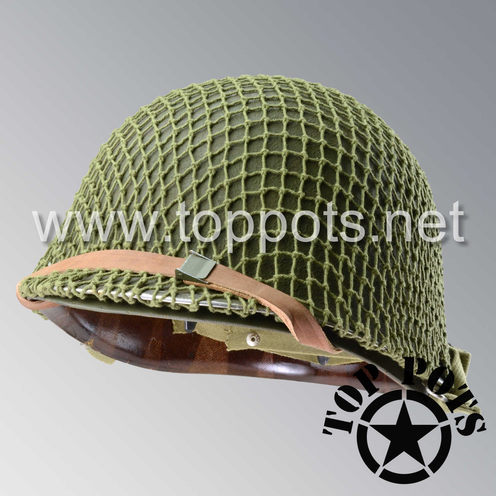 WWII US Army Restored Original M1 Infantry Helmet Swivel Bale Schlueter Shell and Liner with Olive Drab 3 Net