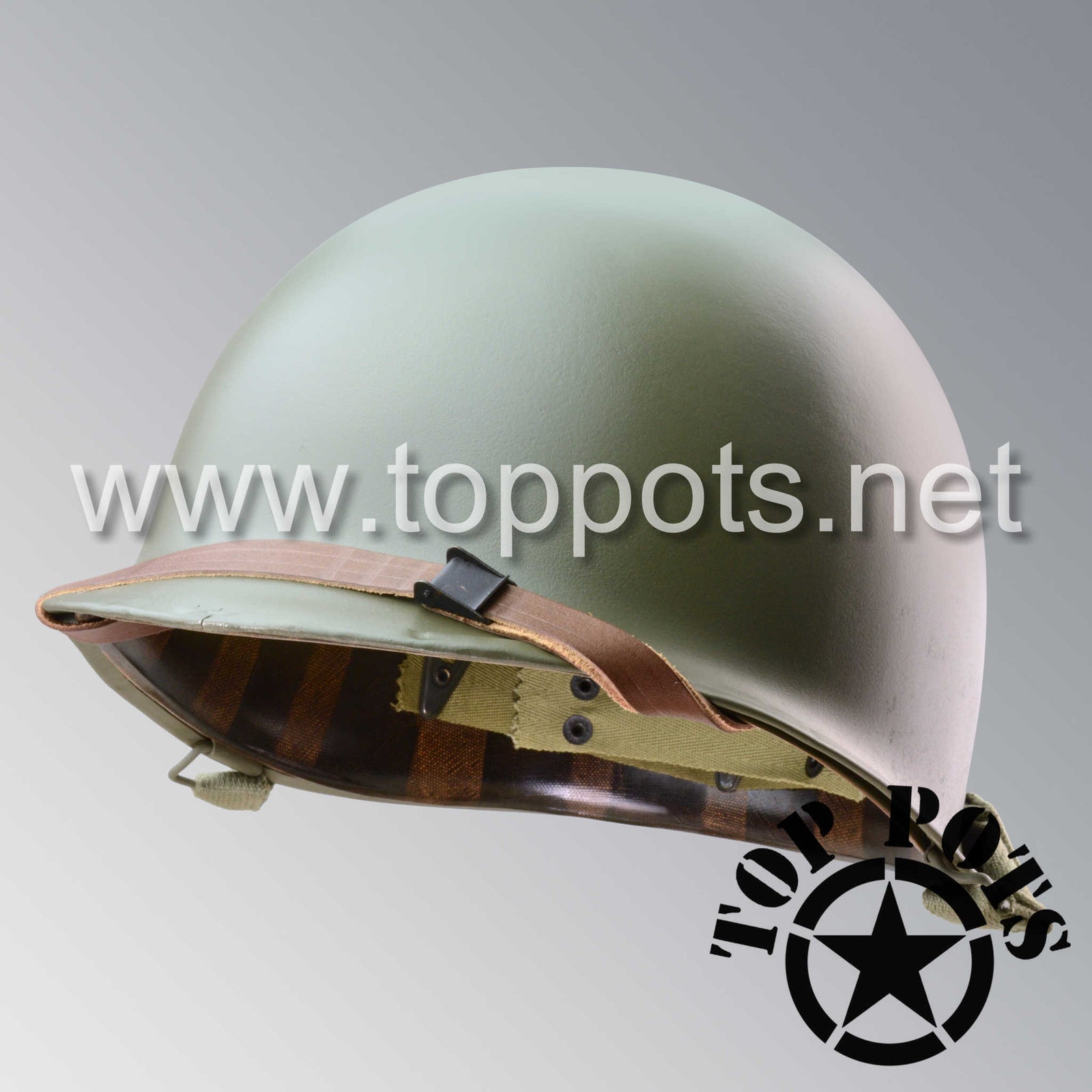 WWII US Army Restored Original M1 Infantry Helmet Swivel Bale Shell and Liner with Smooth Paint Finish