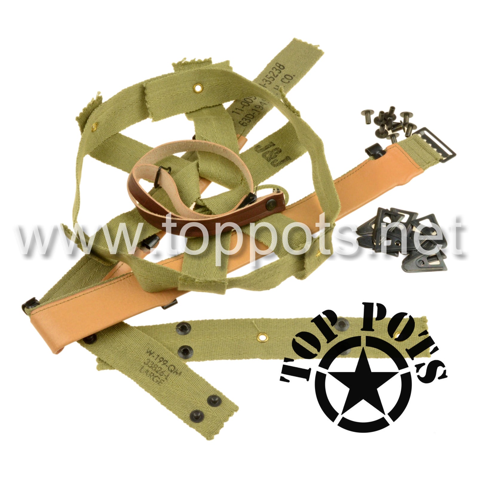 WWII US Army Reproduction M1 Infantry Helmet Liner Restoration Suspension Kit with Headband and QM Stamps (Shuttle Loom Webbing)