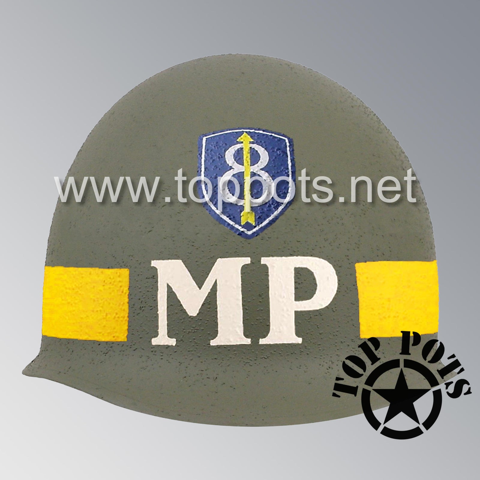 WWII US Army Restored Original M1 Infantry Helmet Swivel Bale Shell and Liner with 8th Infantry Division Military Police Divisional MP Emblem