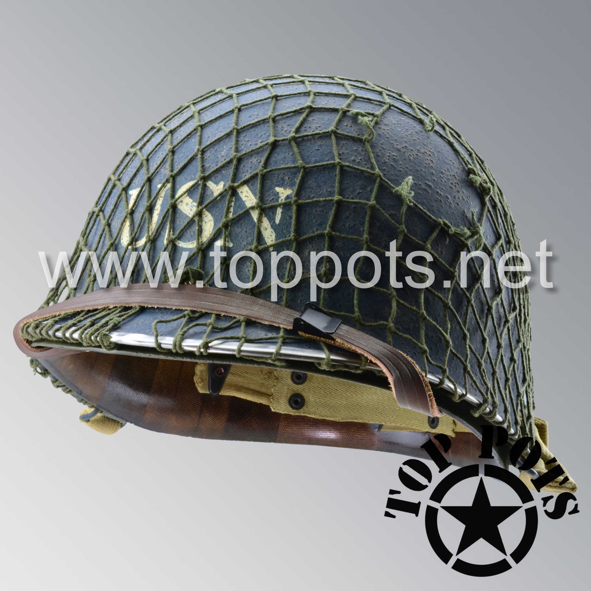 WWII US Aged Original M1 Infantry Helmet Swivel Bale Shell and Liner with USN Navy Emblem