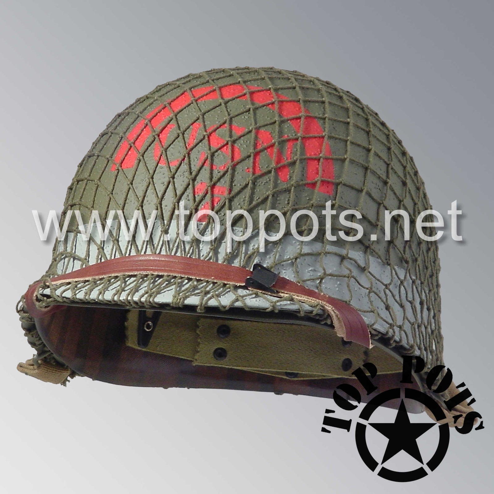 WWII US Navy Restored Original M1 Infantry Helmet Swivel Bale Shell and Liner with 7th Naval Beach Battalion USN Emblem with OD 7 Net